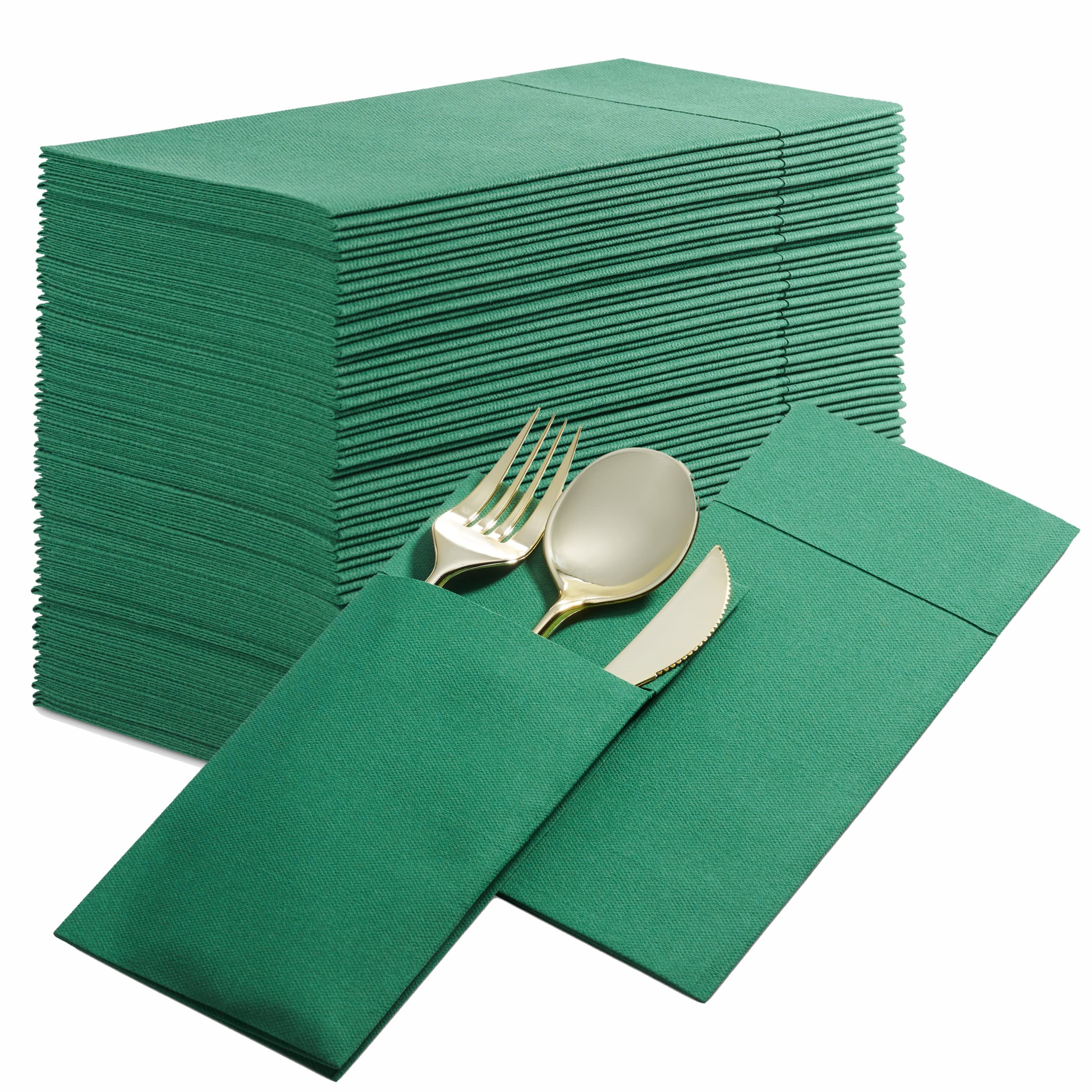 Disposable Linen-Feel Dinner Napkins With Built-In Flatware Pocket, 50-Pack Green Prefolded Cloth Like Paper Napkins For Dinner,