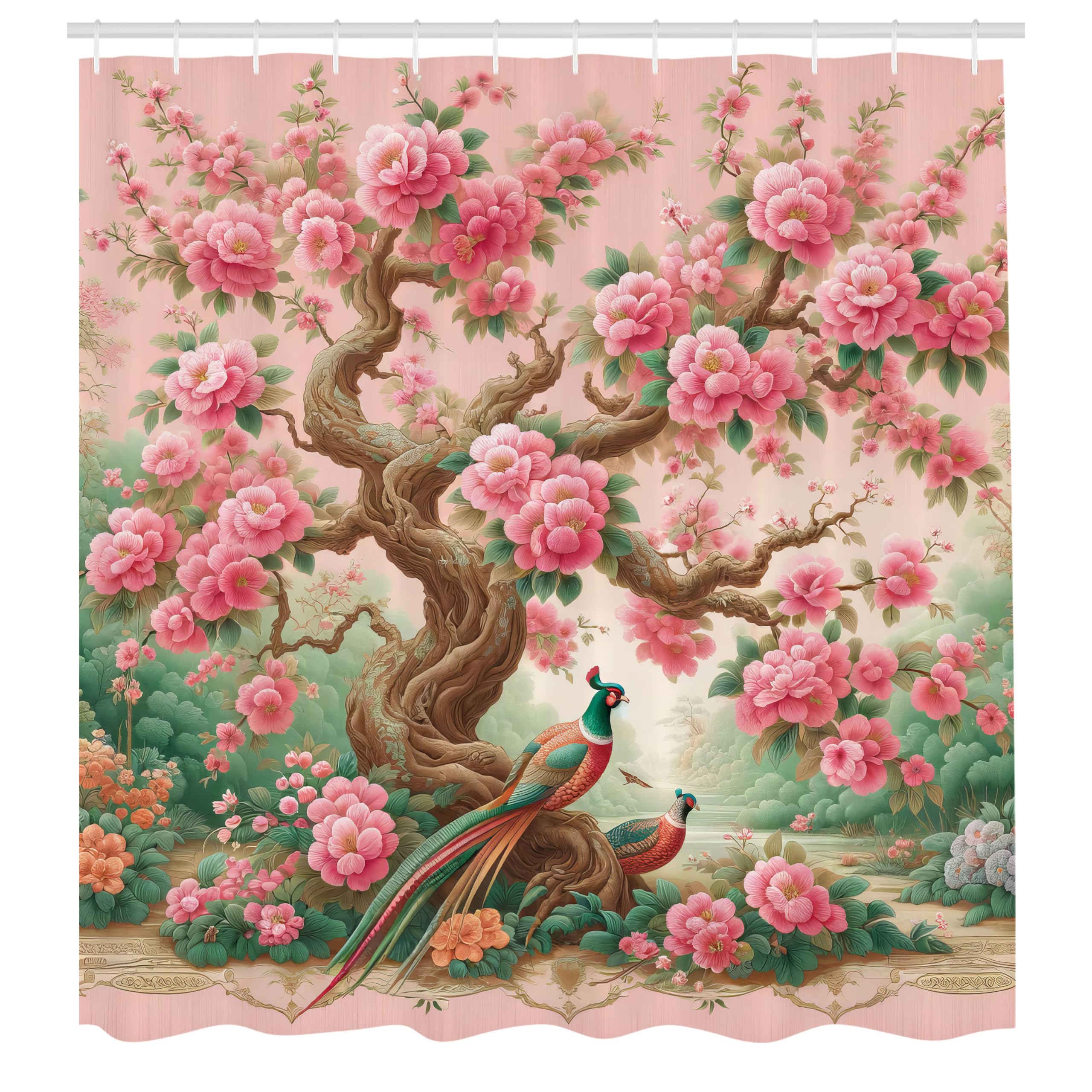 Ambesonne Spring Shower Curtain, Asian Dreamy Blooming Blush Tone Flowers And Peacocks With Fantasy Tree, Cloth Fabric Bathroom