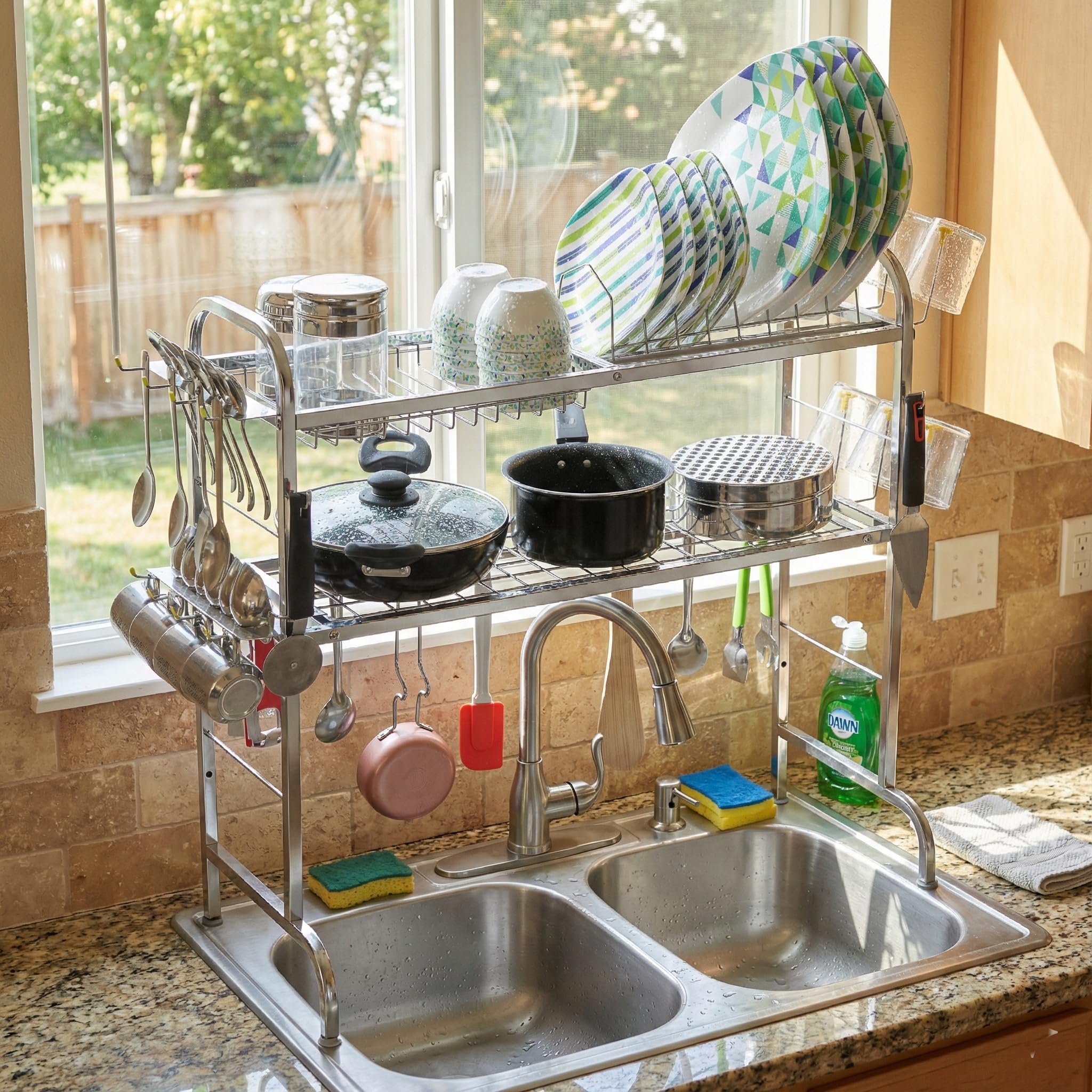 Homify Stainless Steel Over The Sink Dish Drying Rack 28 Inch| 2Tier Utensil Holder For Kitchen | Counter Top Sink Rack | Stand