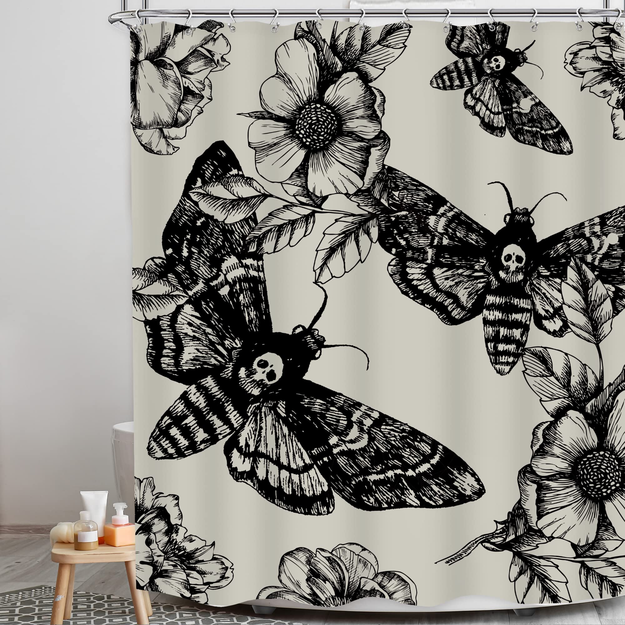 Lghtyro Gothic Skull Shower Curtain Bathroom Set 60Wx71H Inches Death Head Moth Scary Black Flower Botany Leaves Mysterious Butt