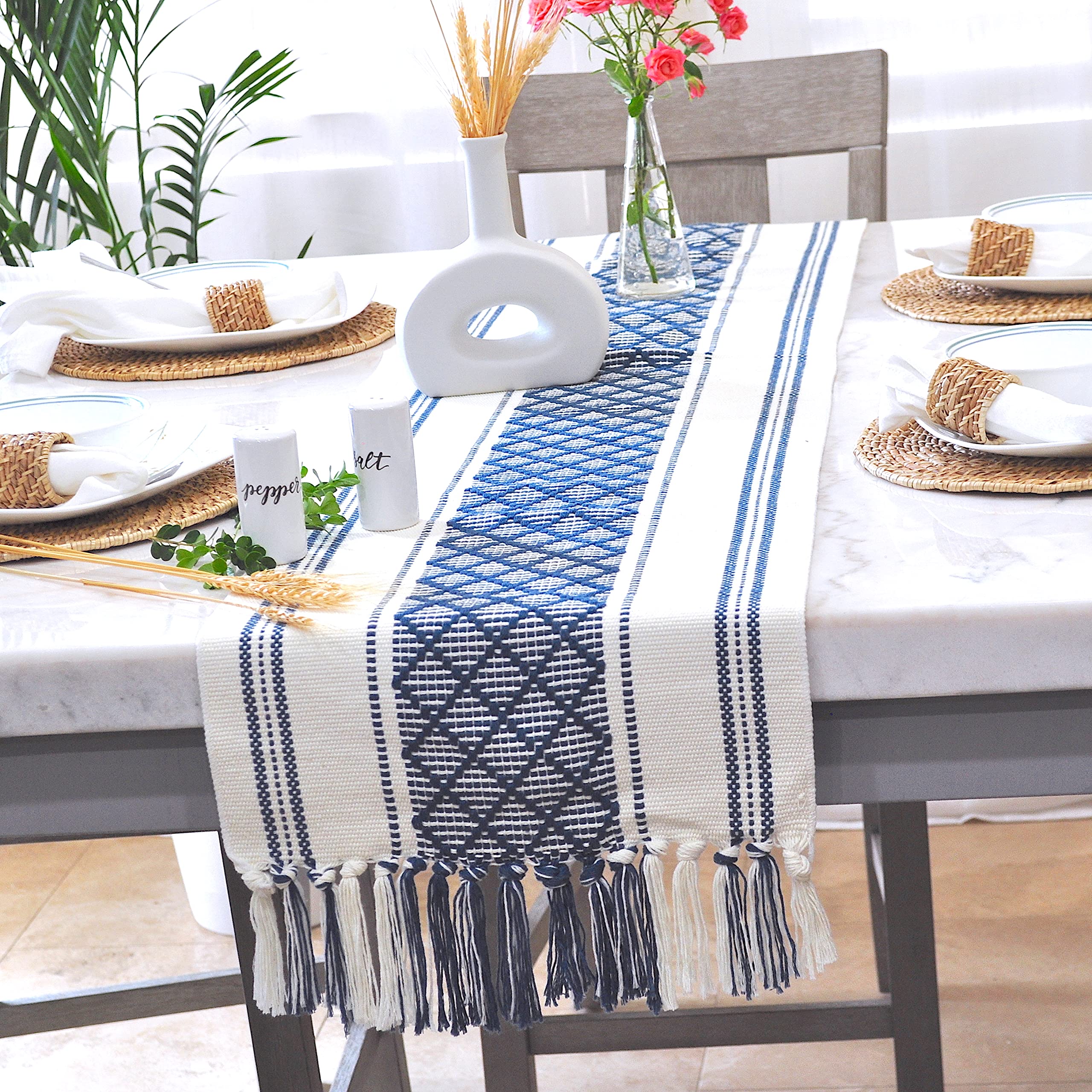 Oveesha Boho Table Runner With Tassel 14 X 72 Inches, Blue & Cream, Woven Washable Dresser Scarf And Topper For Bedroom, Farmhou