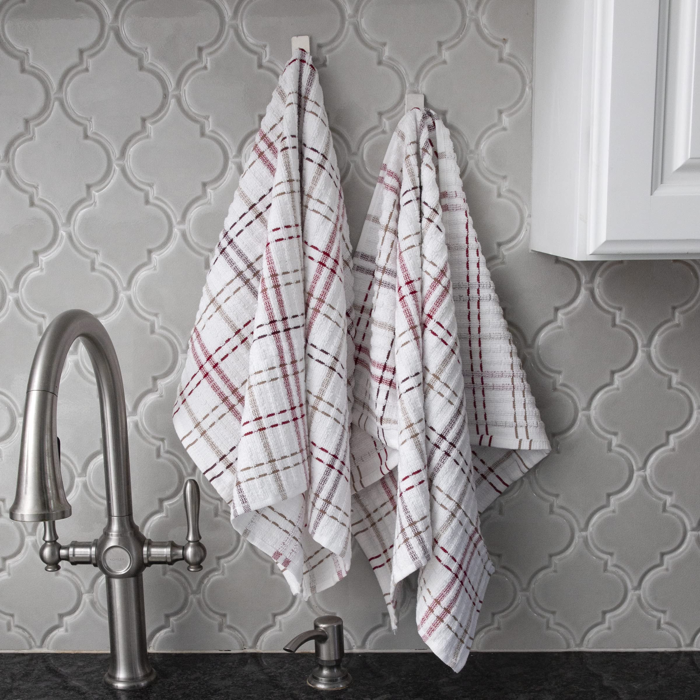 Ritz Royale Collection 100% Combed Terry Cotton, Highly Absorbent, Oversized Checked Kitchen Towel Set, 28 X 18, 2-Pack, Mocha B
