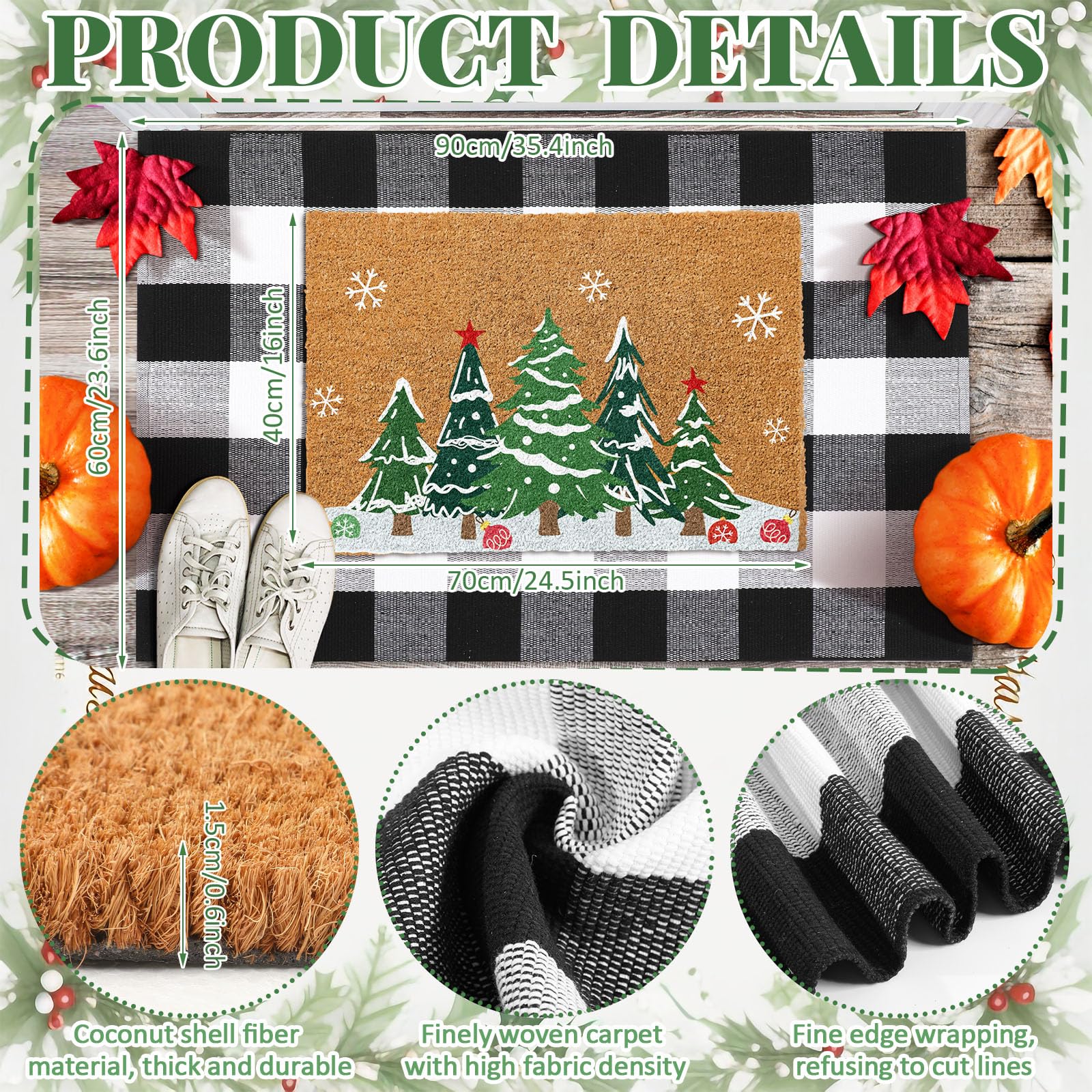 Duraaamo 2 Pcs Christmas Tree Door Mat Outdoor Christmas Nature Coir Welcome Rug Black White Grid Outdoor Rug for Xmas Front Por