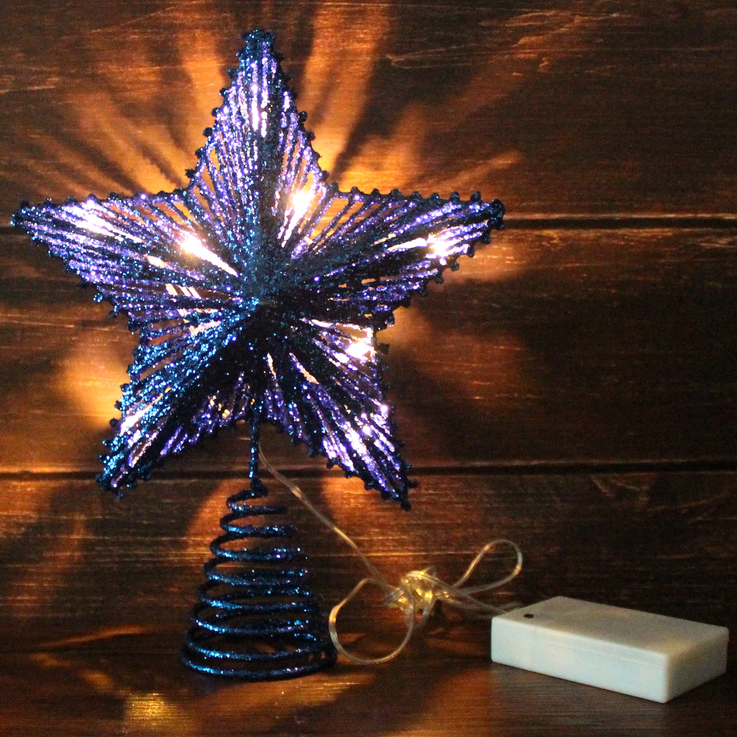 CVHOMEDECO. Blue Glittered 3D Tree Top Star with Warm White LED Lights and Timer for Christmas Ornaments and Holiday Seasonal D
