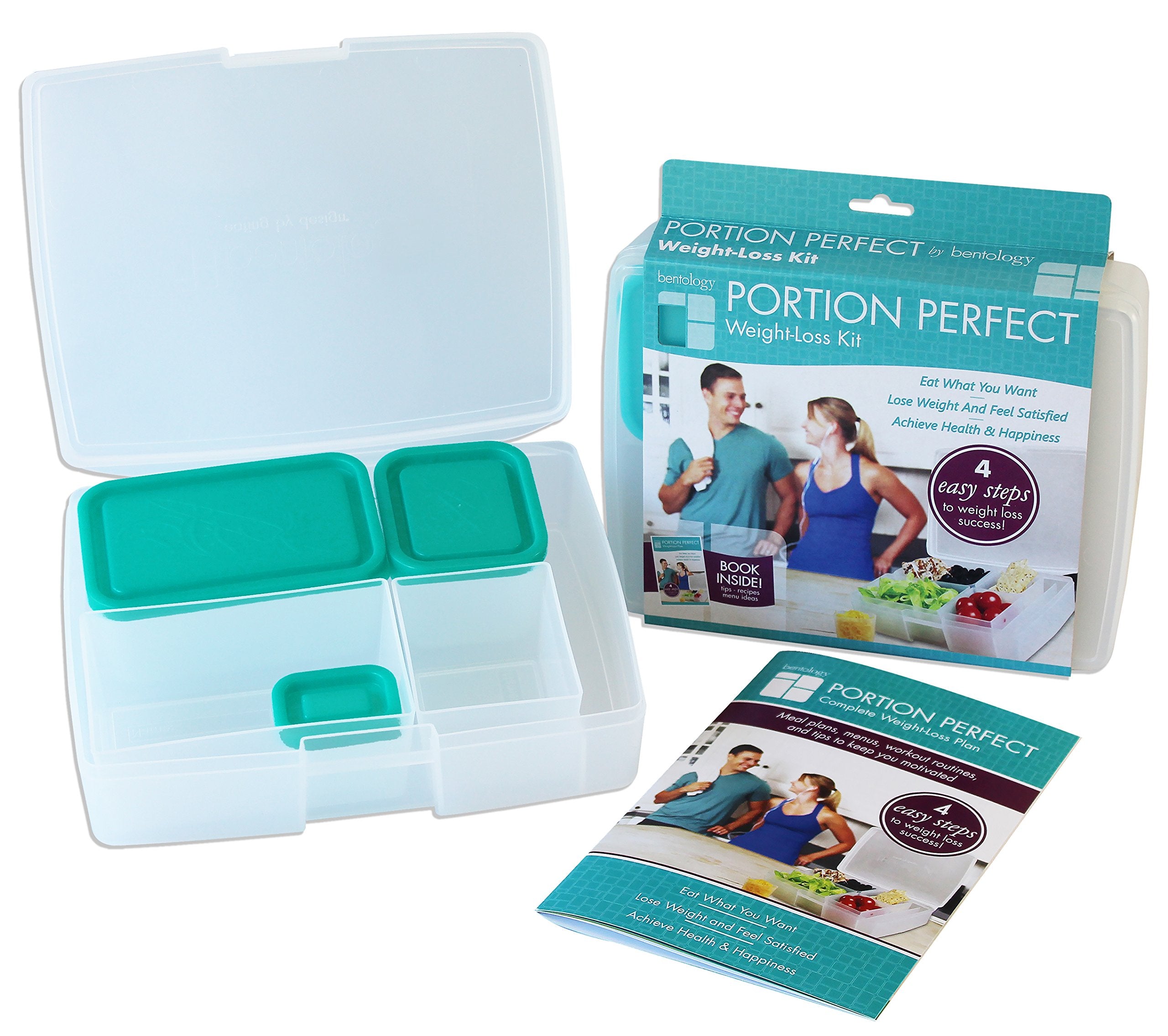 Bento Lunch Box for Adults with Weight Loss Plan Booklet - Portion Control Meal Prep Containers- Clear and Turquoise