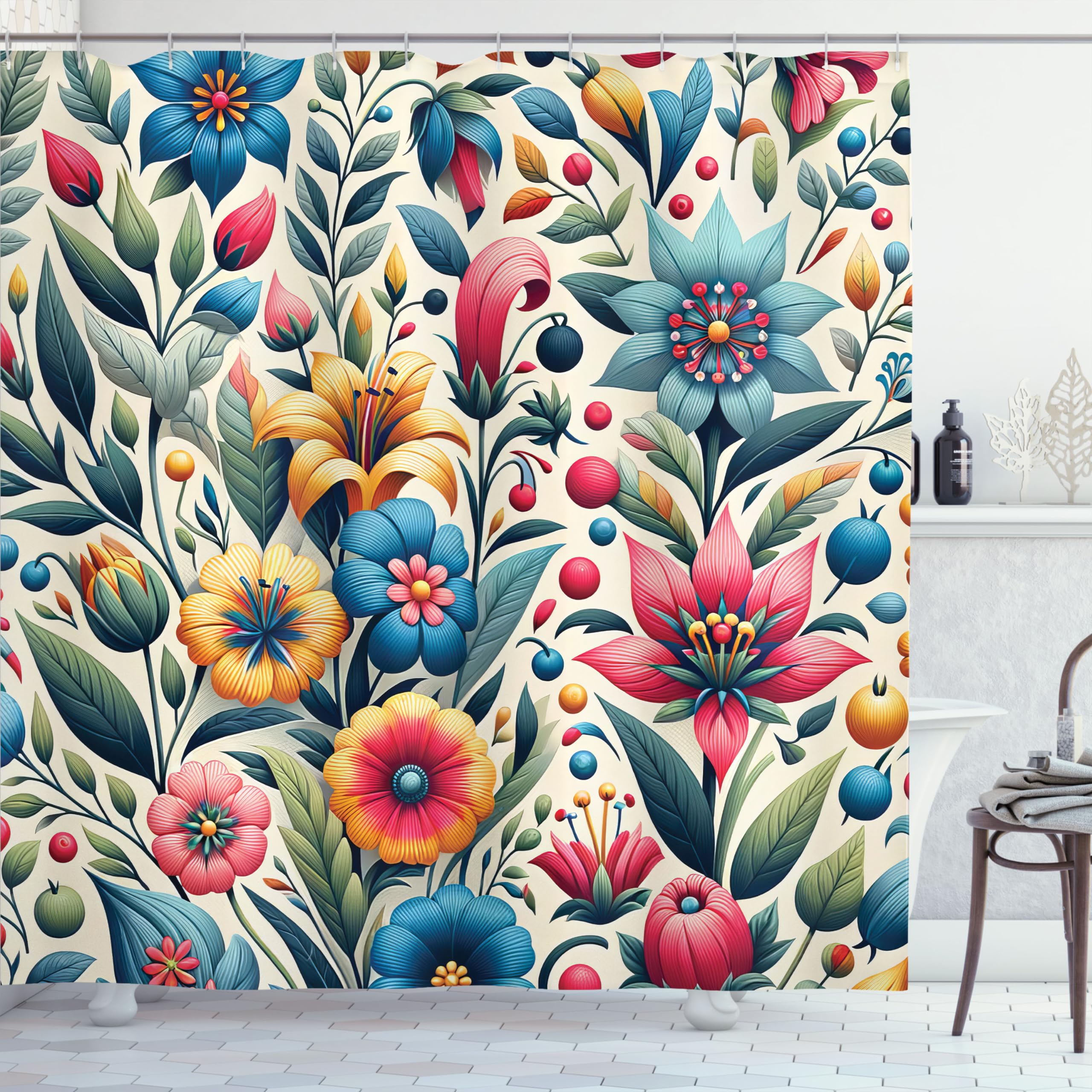 Ambesonne Colorful Shower Curtain, Modern Scandi Vibe Flowering Botany Pattern With Leaves On Creamy Back, Cloth Fabric Bathroom
