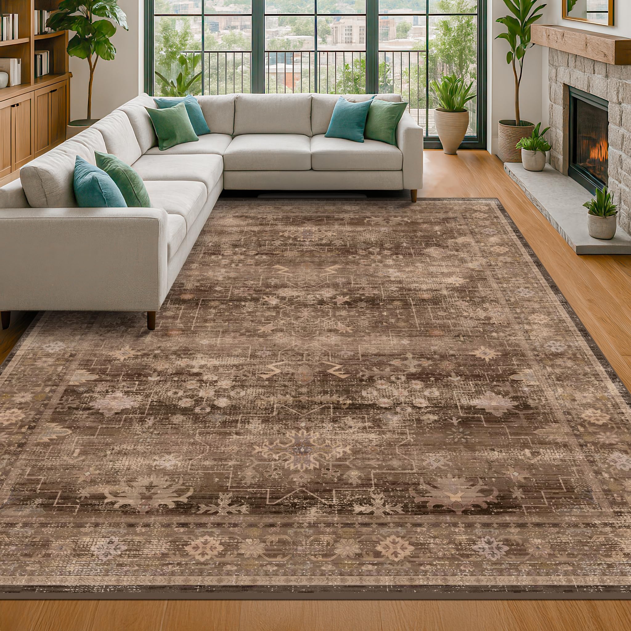 Hazo Haus Brown 9x12 Living Room Rug - Vintage Western Eclectic Unique Neutral Taupe, Washable Low Pile Non-Slip Large Area Rugs
