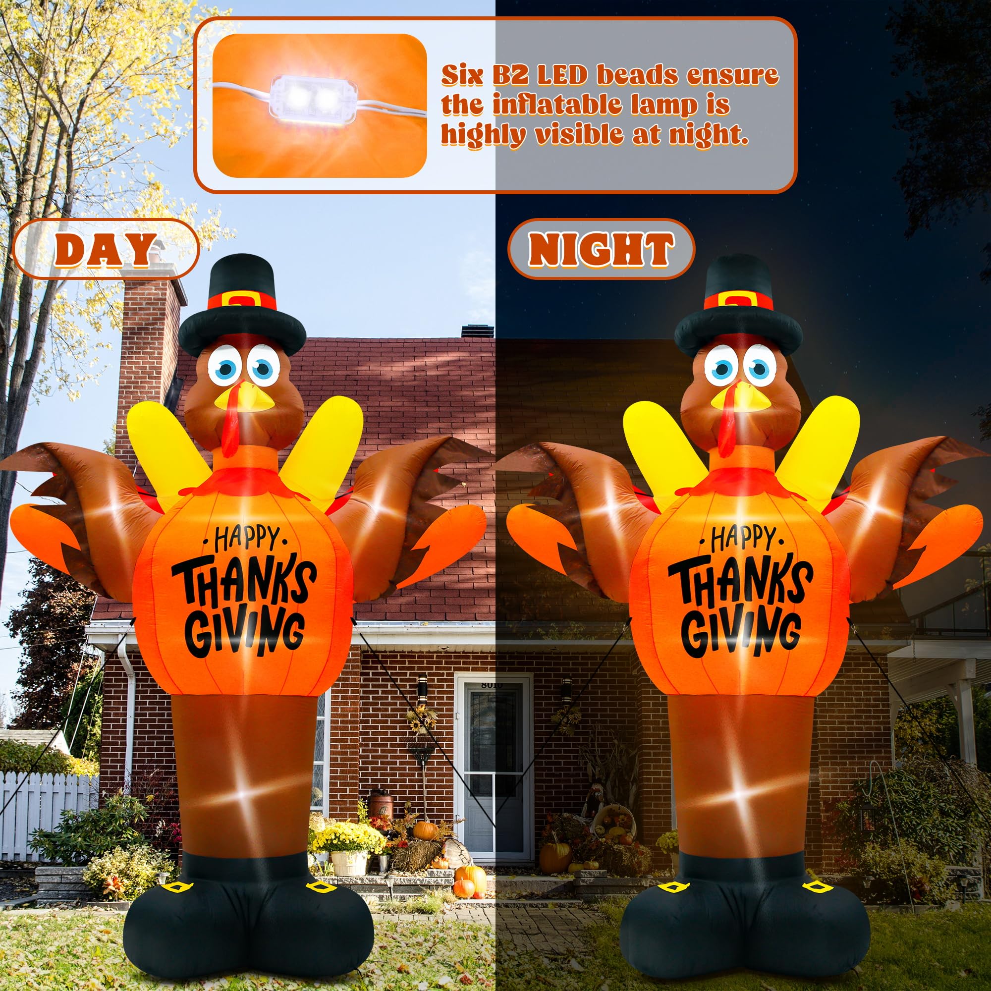 14FT Thanksgiving Turkey Inflatables, Extra Large Blow Up Thanksgiving Turkey Wearing Pumpkins, Pre-lit Happy Thanks Giving Outd