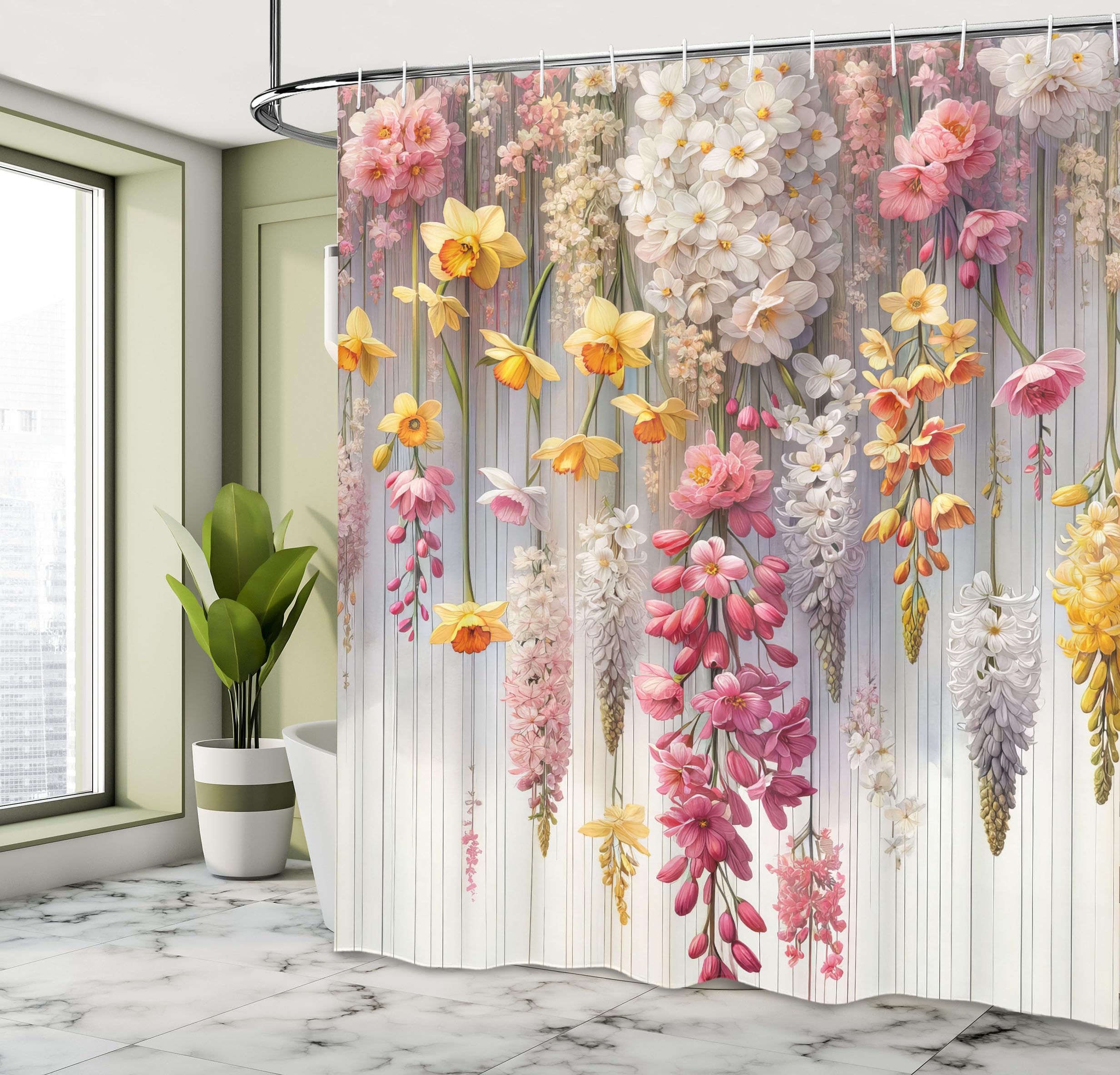 Ambesonne Spring Shower Curtain, Farmhouse Dream Theme Lavenders Blooming Flowers With Abstract Stripes, Cloth Fabric Bathroom D