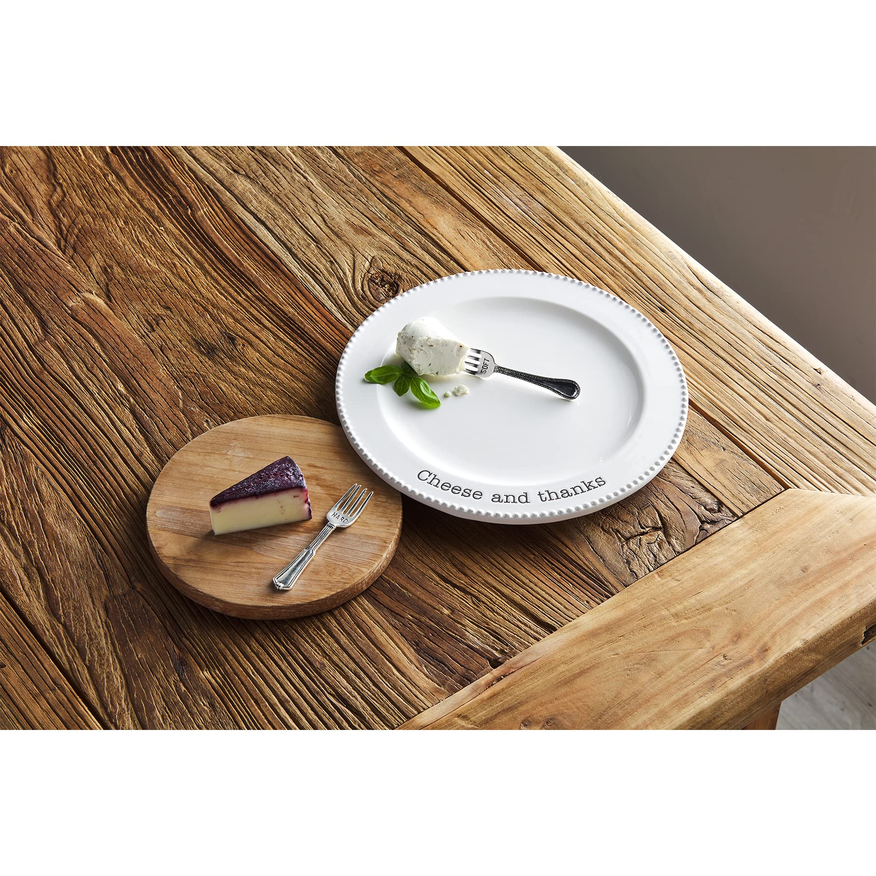 Mud Pie 85 Circa Cheese Set, White, 10.5'' 6.5'' 4.25'', Plate 10 1/2'' Dia | Board 6 1/2'' Dia | Fork 4 1/4''