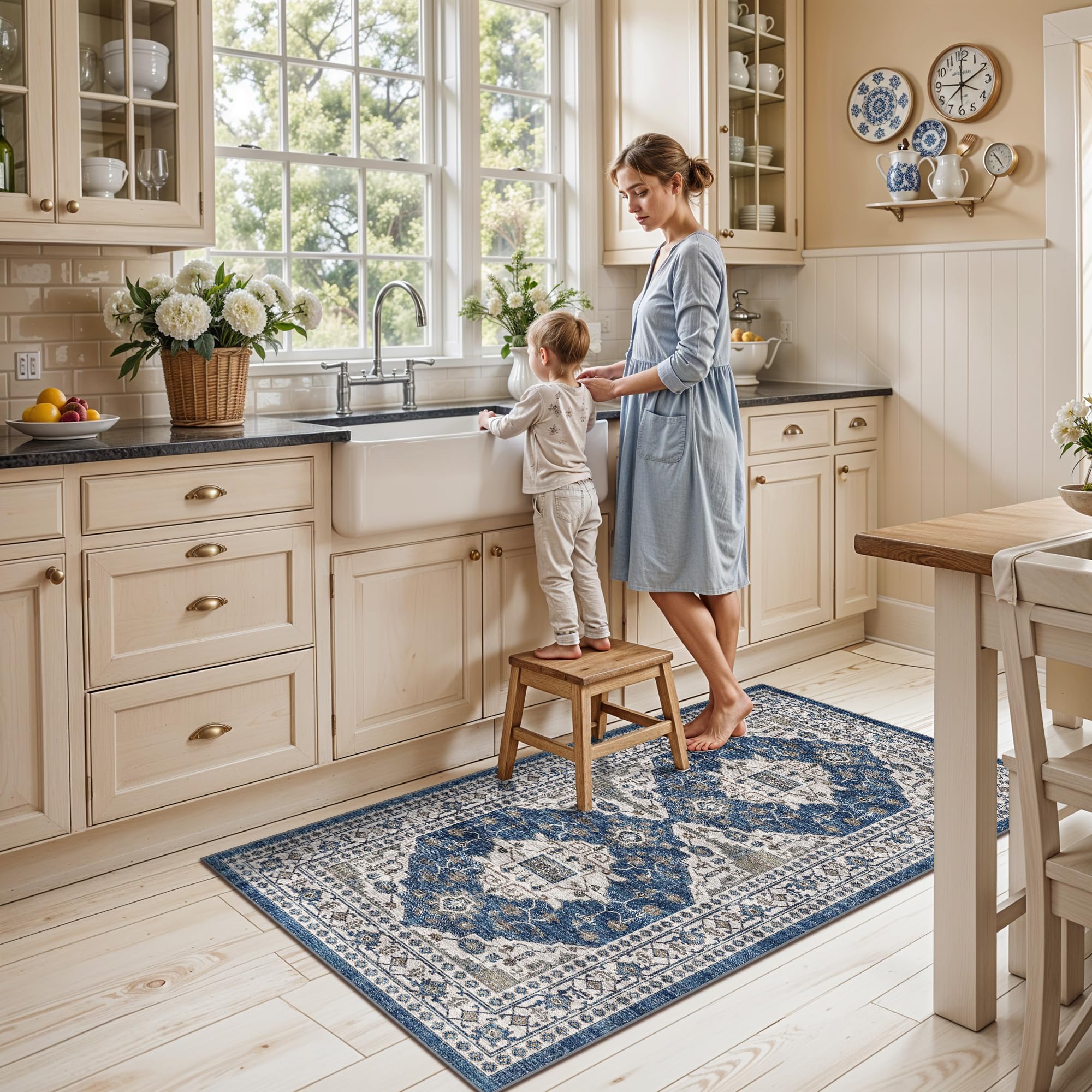 2x4 Non-Slip Entryway Area Rugs: Washable Stain Resistant Kitchen Carpet Printed Doormat Soft Low Pile Nursery Rug Vintage Small
