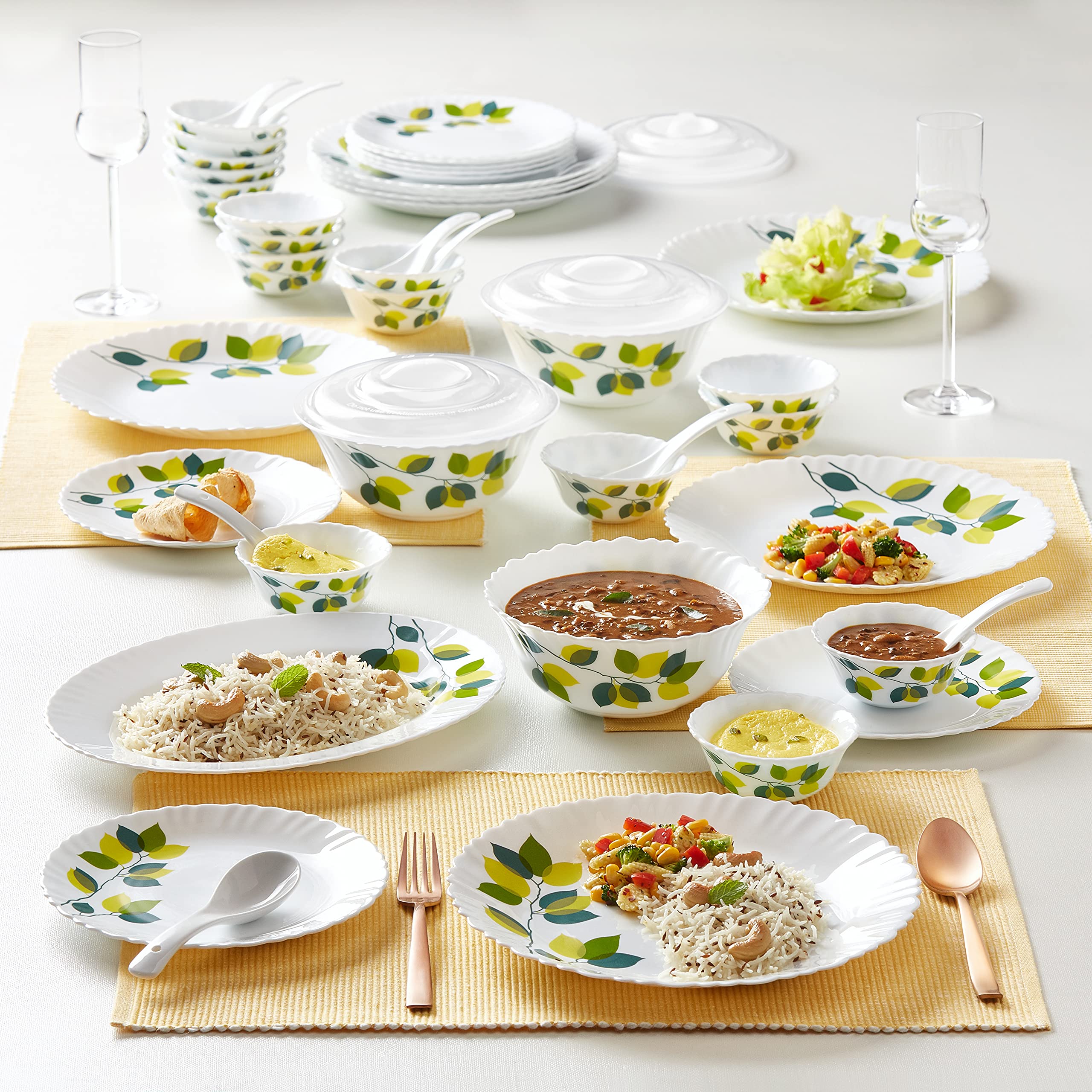 Larah By Borosil Green Leaves Silk Series Opalware Dinner Set | 47 Pieces For Family Of 8 | Microwave & Dishwasher Safe | Bone-A