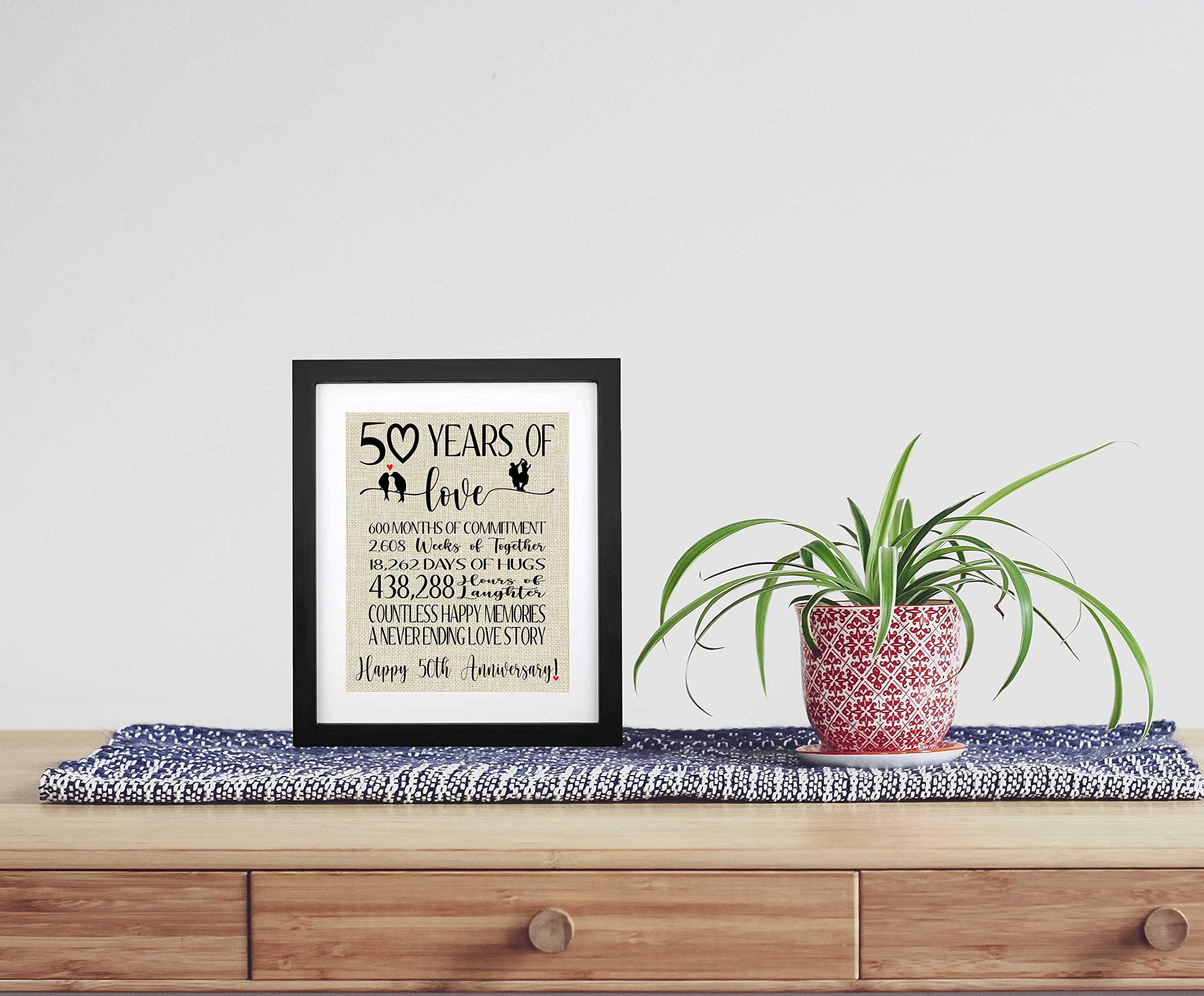 Tobohu Framed 50 Years Of Love Burlap Print Signs, Gifts For Parents 50Th Anniversary, 50Th Wedding Anniversary, Golden Annivers