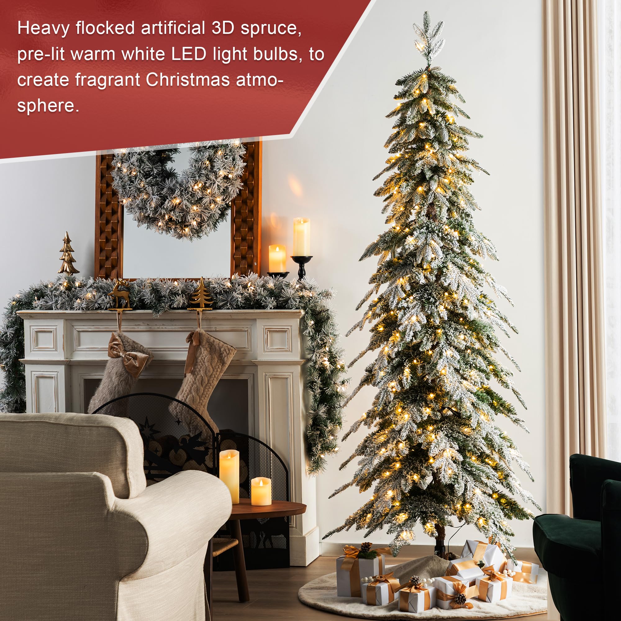 Glitzhome 7.5ft Artificial Christmas Tree, Pre-Lit Flocked Pencil Christmas Tree Chicago Frostwood Spruce with 350 Warm White Li