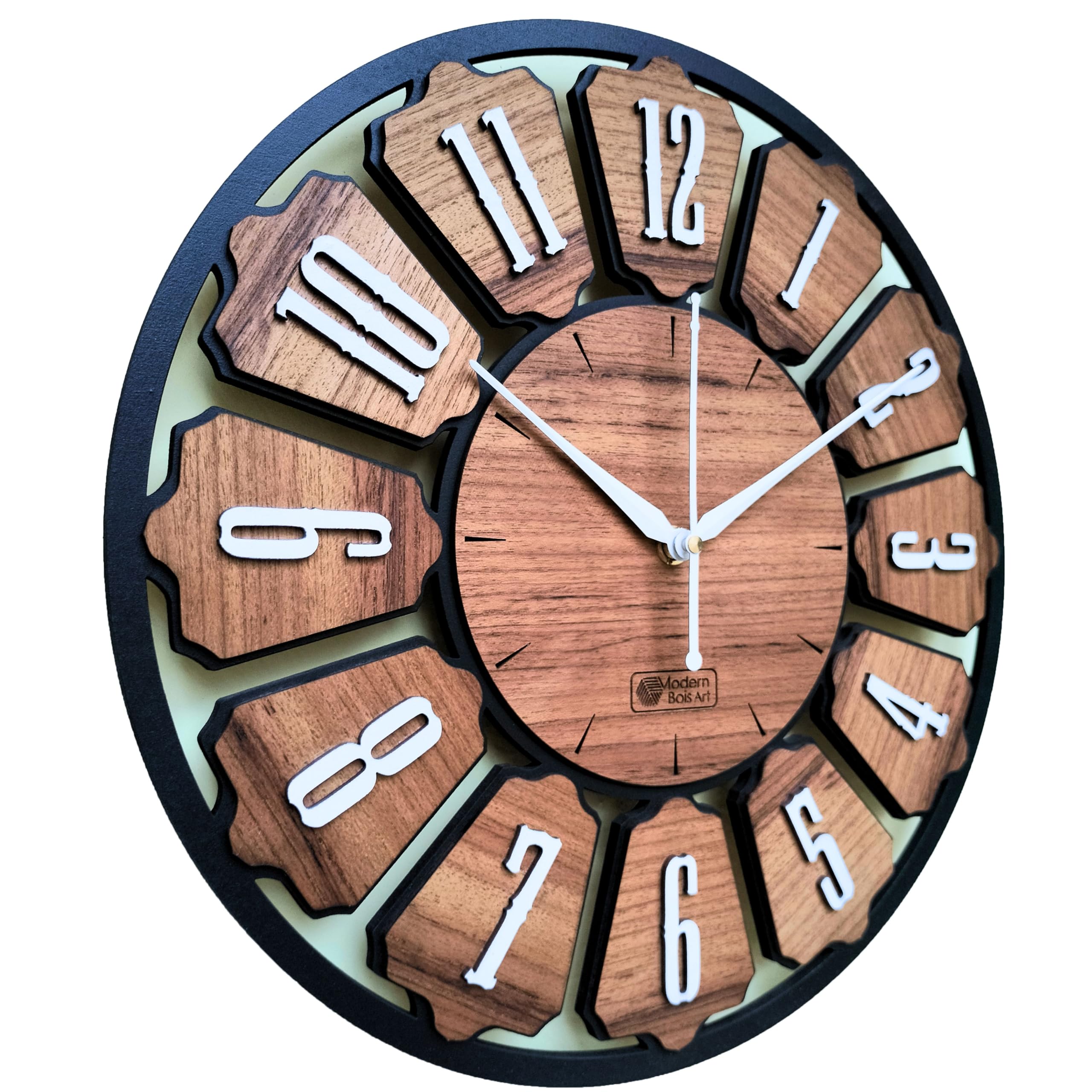 Modern Bois Art Antique Geometric Design Handmade Wood Wall Clock, Big Size Modern Wall Clock For Home Decor (Black, And Wood) D