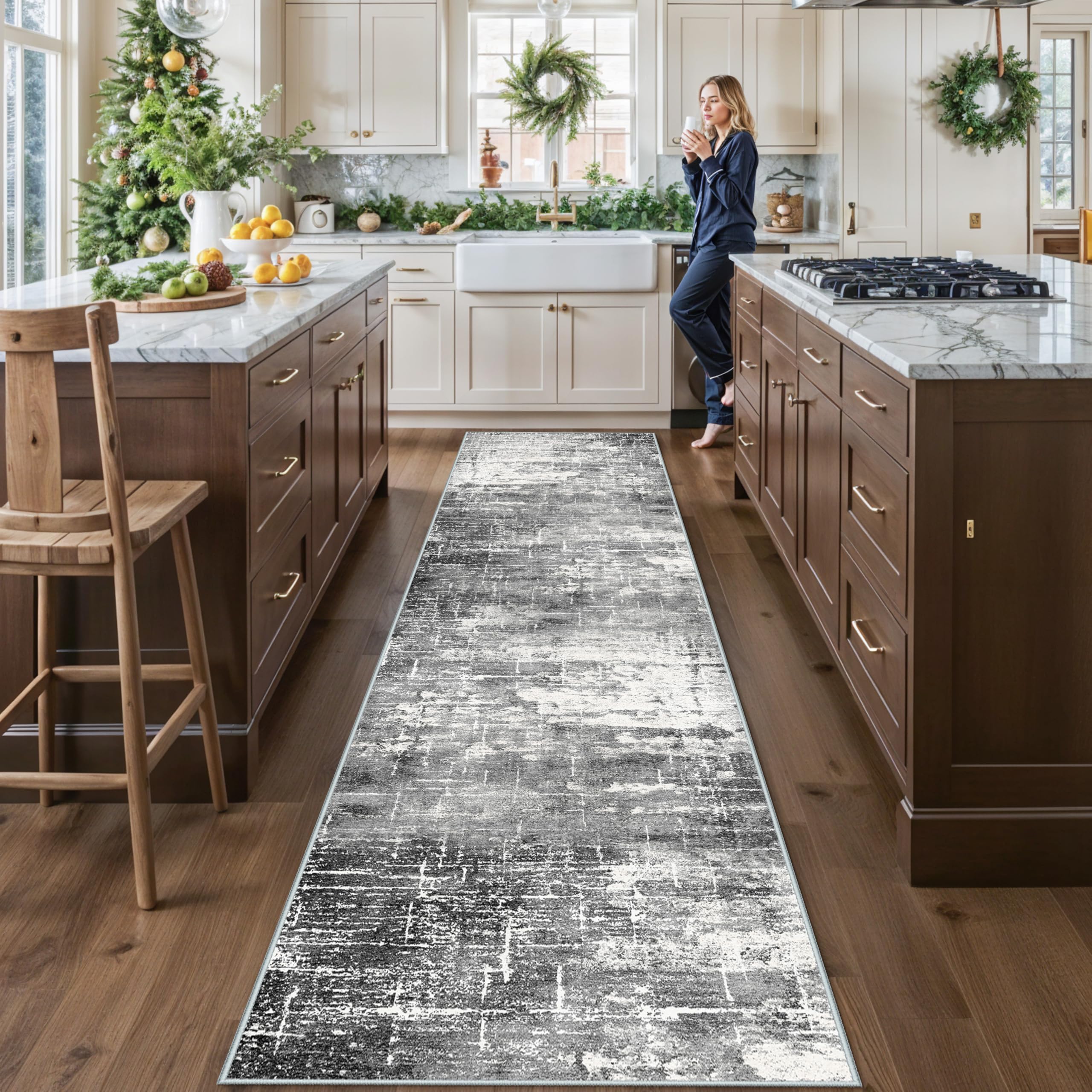 Washable 12ft Kitchen Area Rug: Abstract Entryway Rug Runner Soft Bedroom Besides Floor Mat Non-Slip Indoor Carpet for Bathroom 