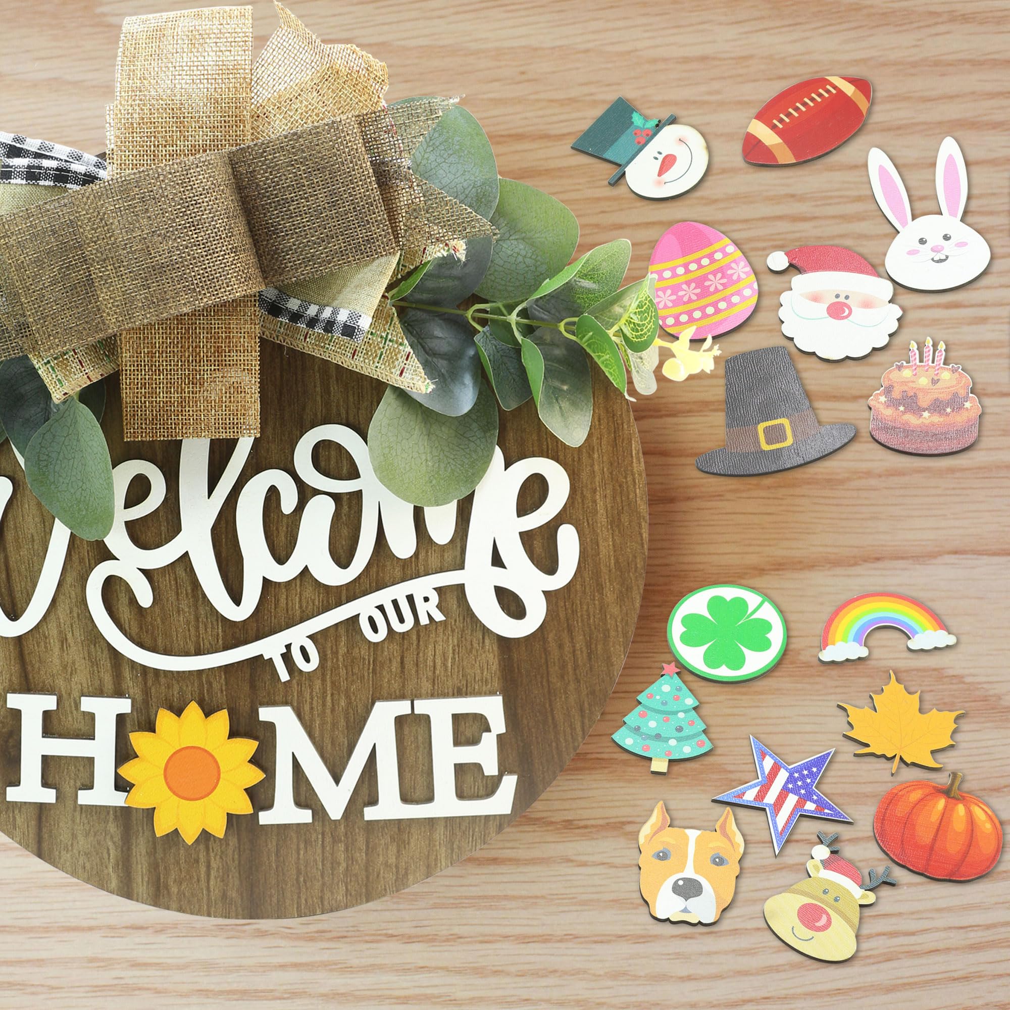 Condorpasea interchangeable 3D Welcome Sign for Front Door |Home/Farmhouse Porch D  cor Wooden Hanging Sign with Artificial Leav