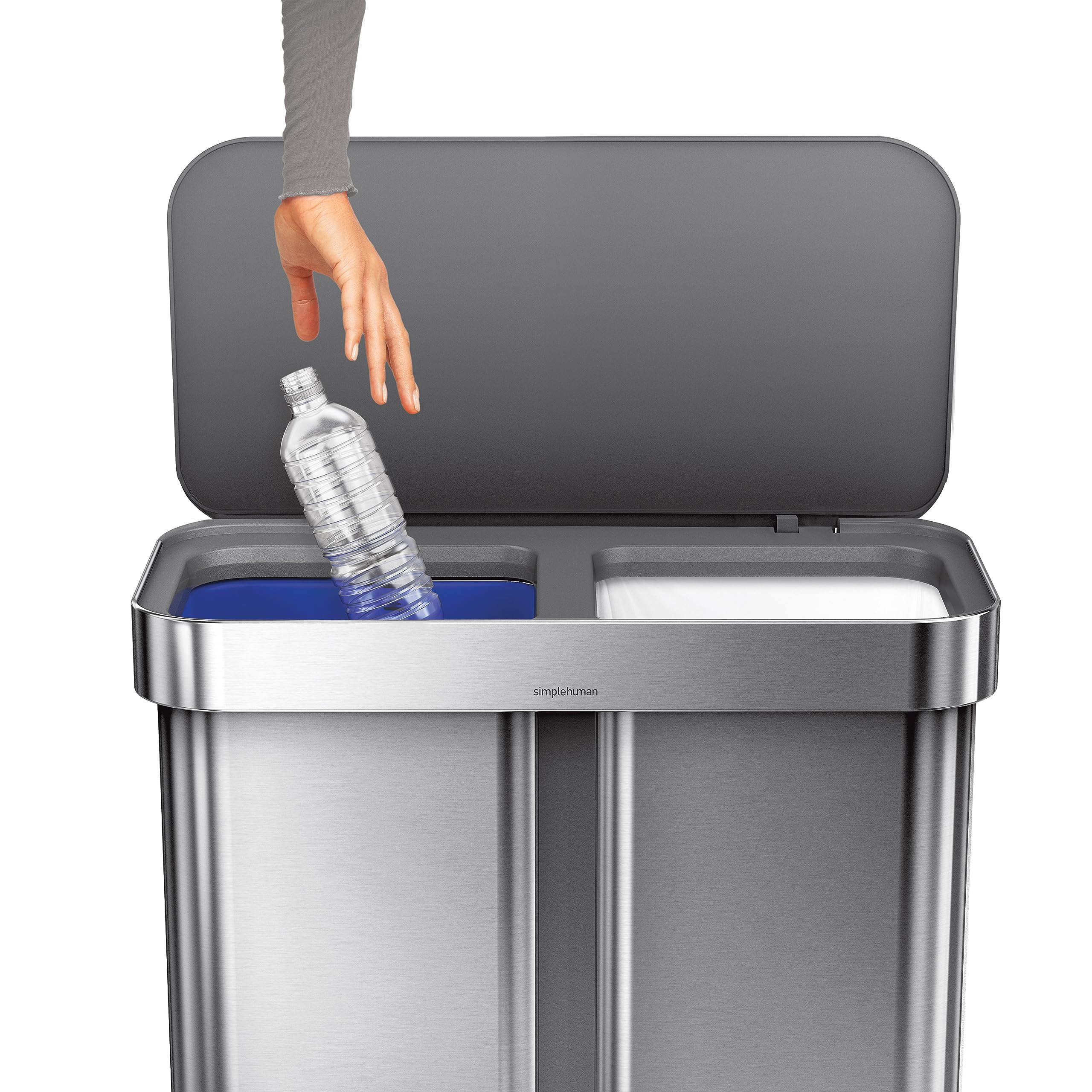 Simplehuman 58 Liter / 15.3 Gallon Rectangular Dual Compartment Recycling Step, Brushed Stainless Steel With Soft-Close Plastic