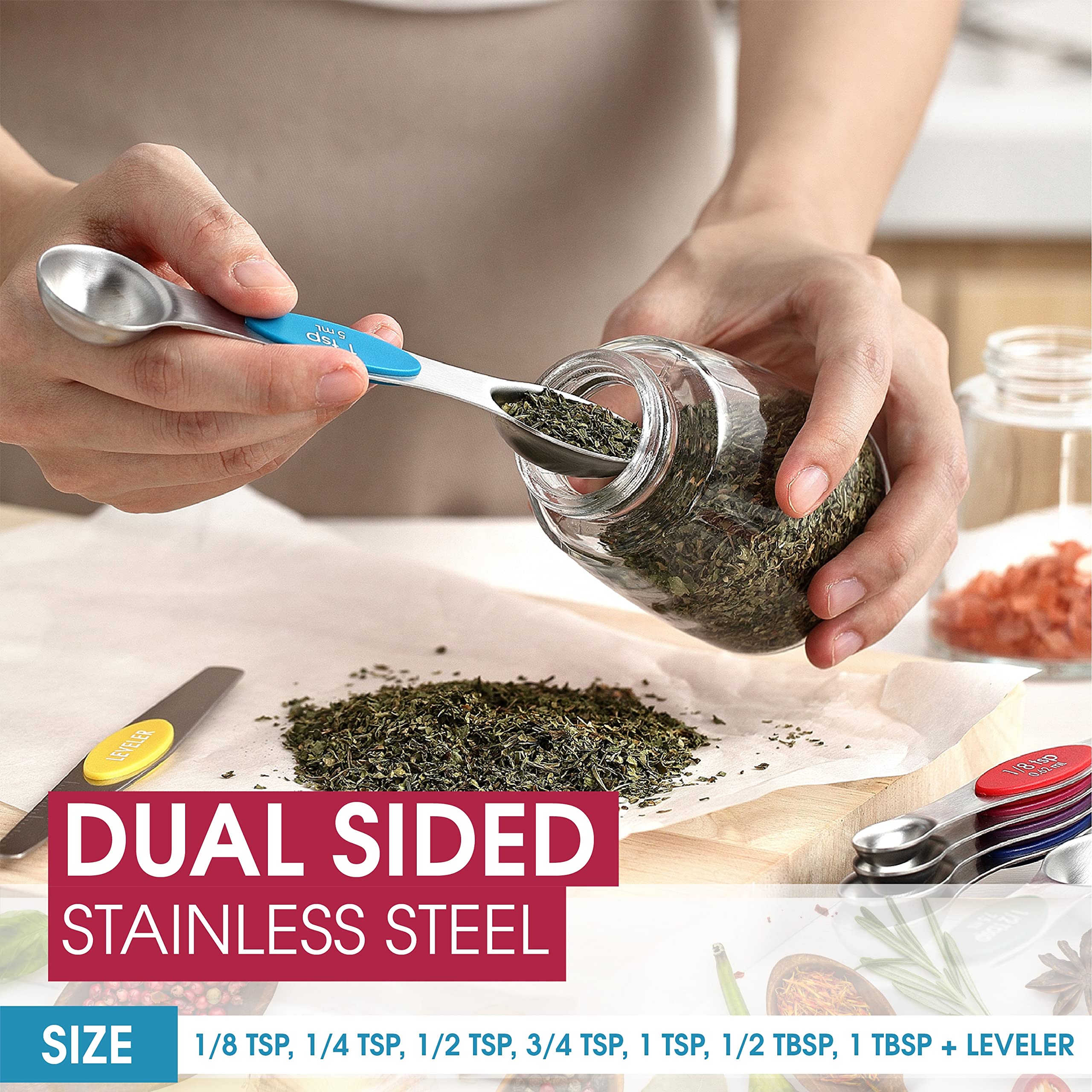 Spring Chef Magnetic Measuring Spoons Set, Dual Sided, Stainless Steel, Fits In Spice Jars, Multi-Color, Set Of 8, 2 Pack