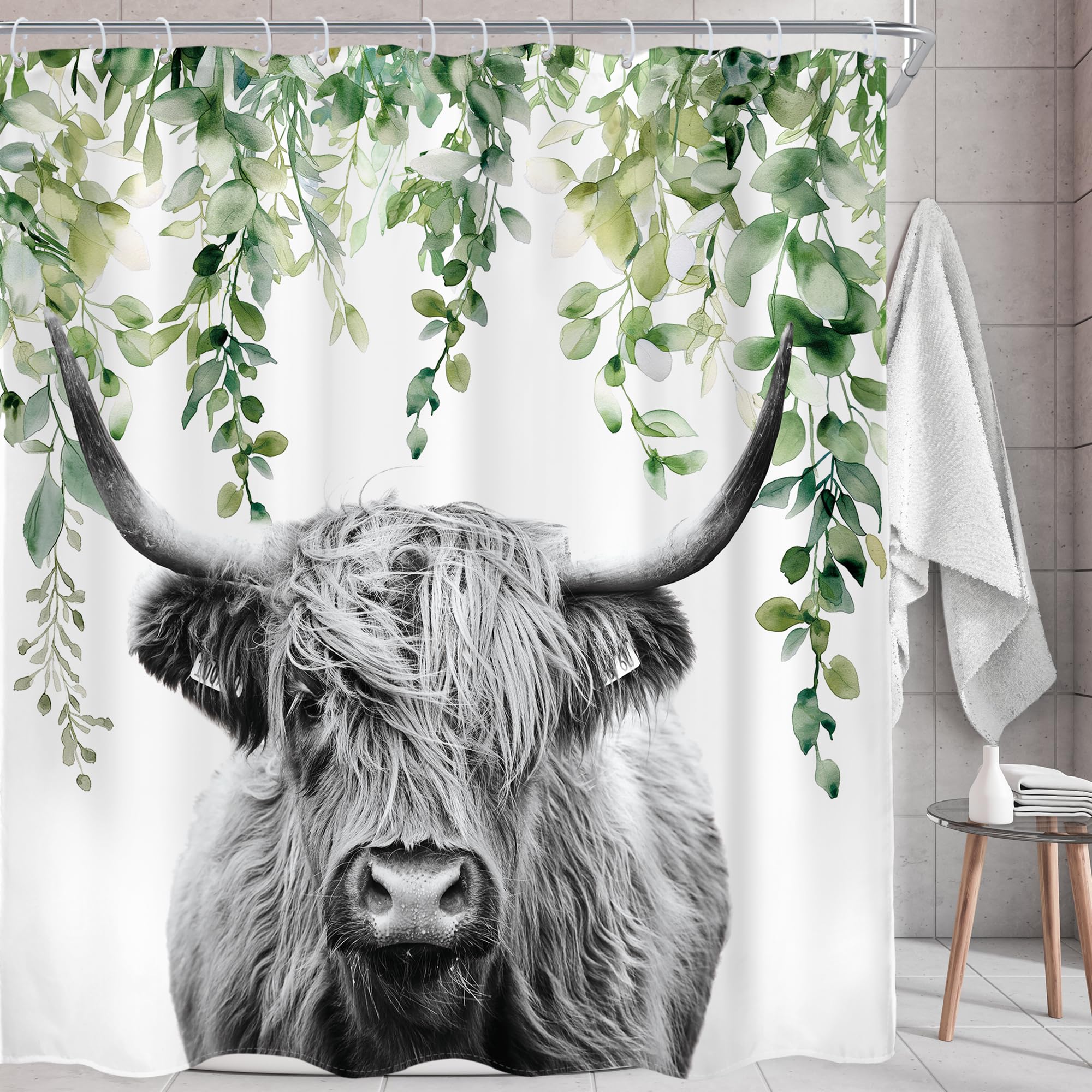 AMBZEK Highland Cow Shower Curtain 72Wx72L Inch Farmhouse Rustic Funny Bull Eucalyptus Leaves Plants Western Country Artwork Cloth Fabric Waterproof Polyester Bathroom Decor Set with 12 Pack Hooks