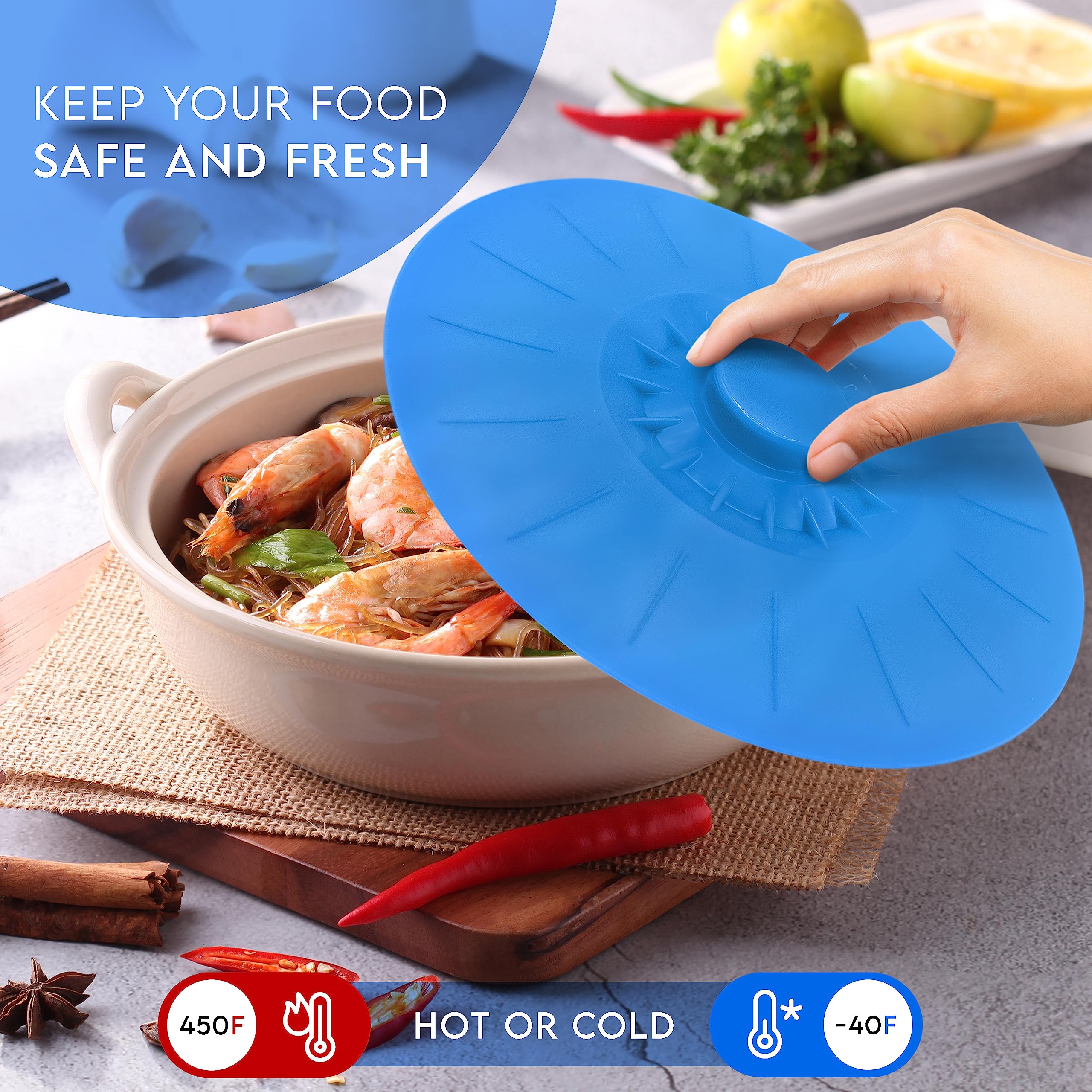 Silicone Bowl Lids Blue Set Of 5 Reusable Suction Seal Covers For Bowls, Pots, Cups. Food Safe. Natural Grip, Interlocking Handl