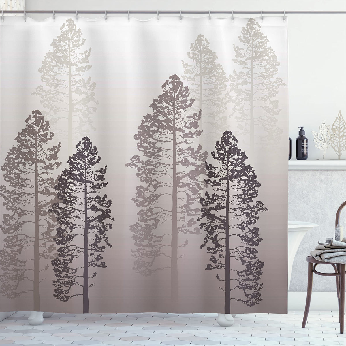 Ambesonne Country Shower Curtain, Pine Trees In The Forest On Foggy Seem Ombre Backdrop Wildlife Adventure Artwork, Cloth Fabric