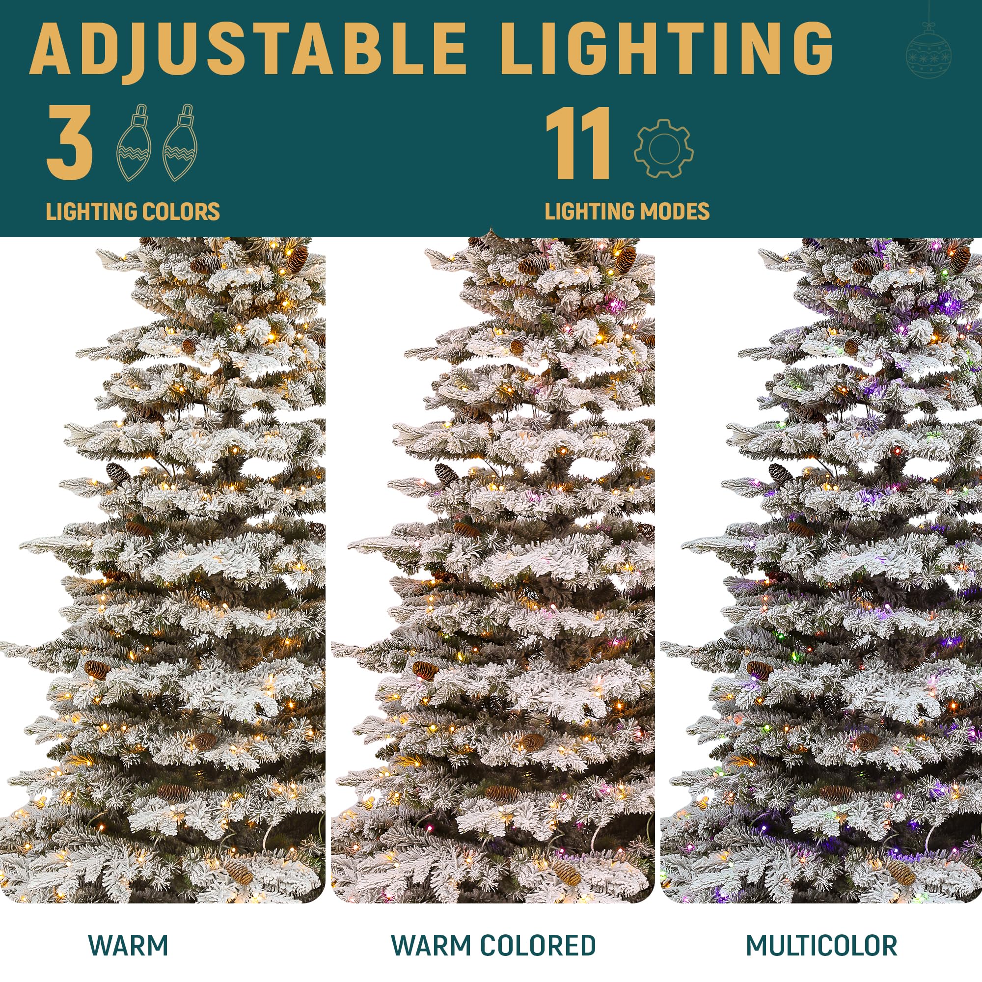 YITAHOME 9FT Prelit Flocked Christmas Tree w/Remote, Pre-Decorated Mountain Pine Hierarchical Tower Flocked Xmas Tree w/ 1818 Ti