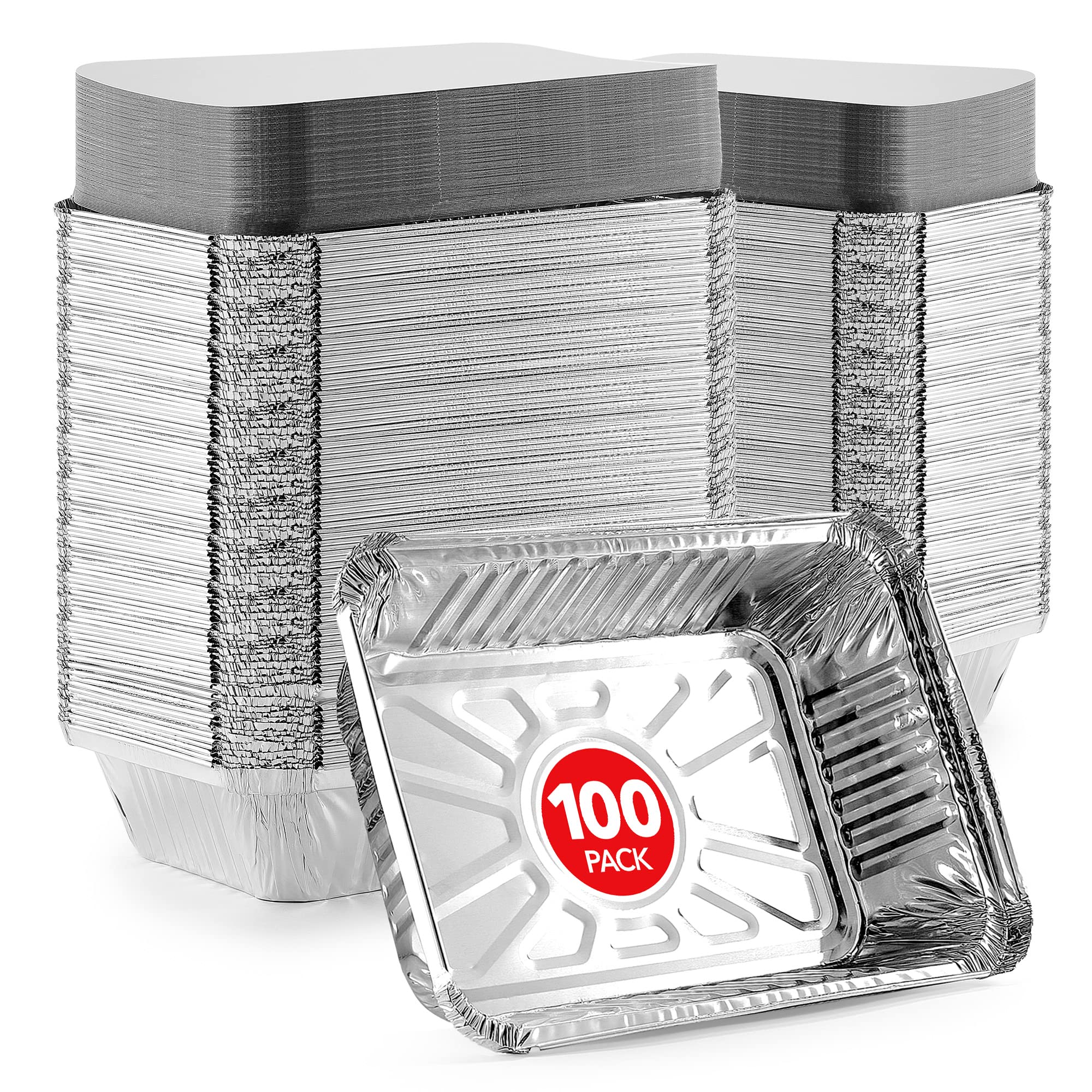 Stock Your Home 2 Lb Small Aluminum Pans With Lids (100 Pack) Foil Pan + Cardboard Lid, Disposable Cookware, Takeout Trays With