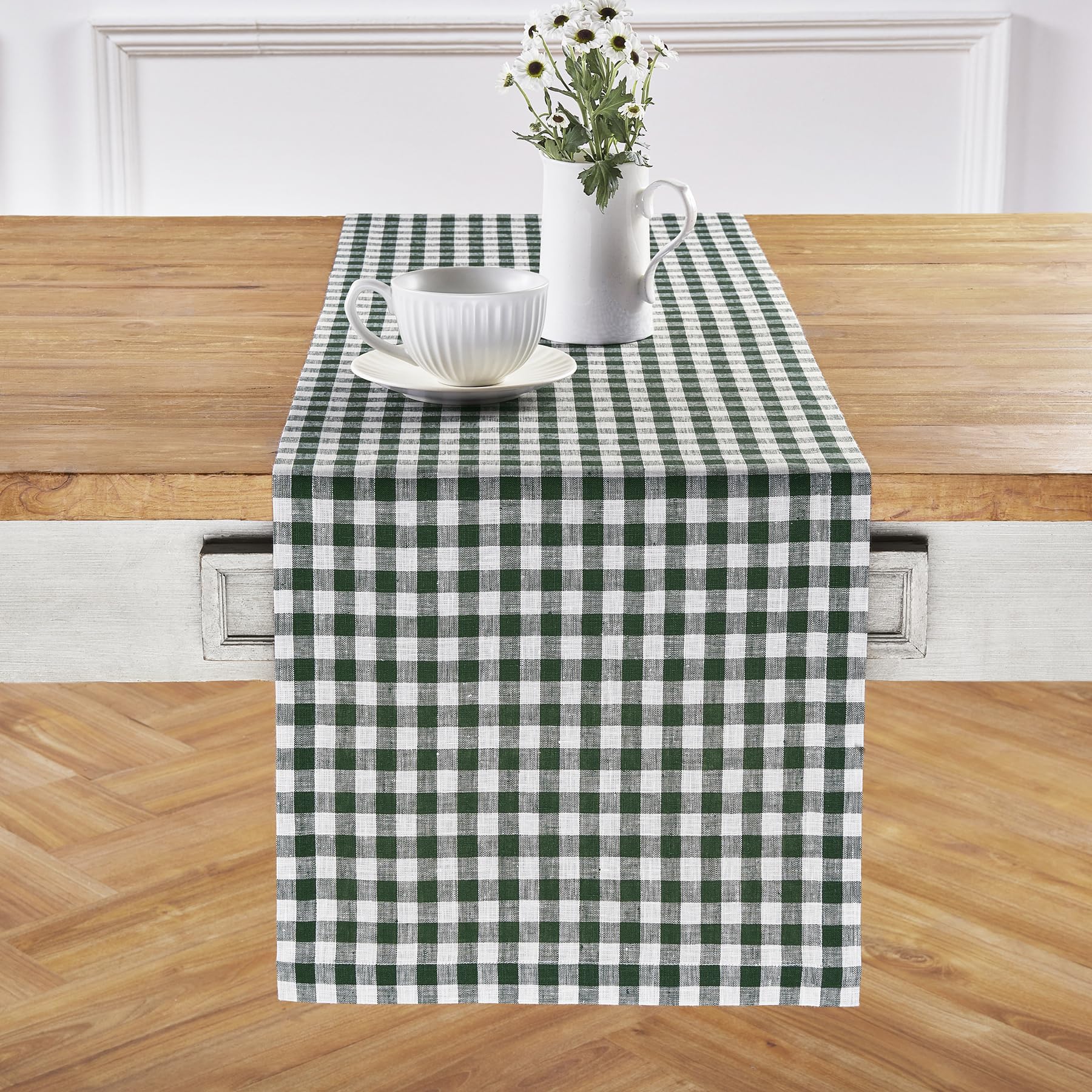 Solino Home Check Linen Table Runner 90 Inches Long - 100% Pure Linen Green Plaid Table Runner 14 X 90 Inch Ideal For Wedding, S