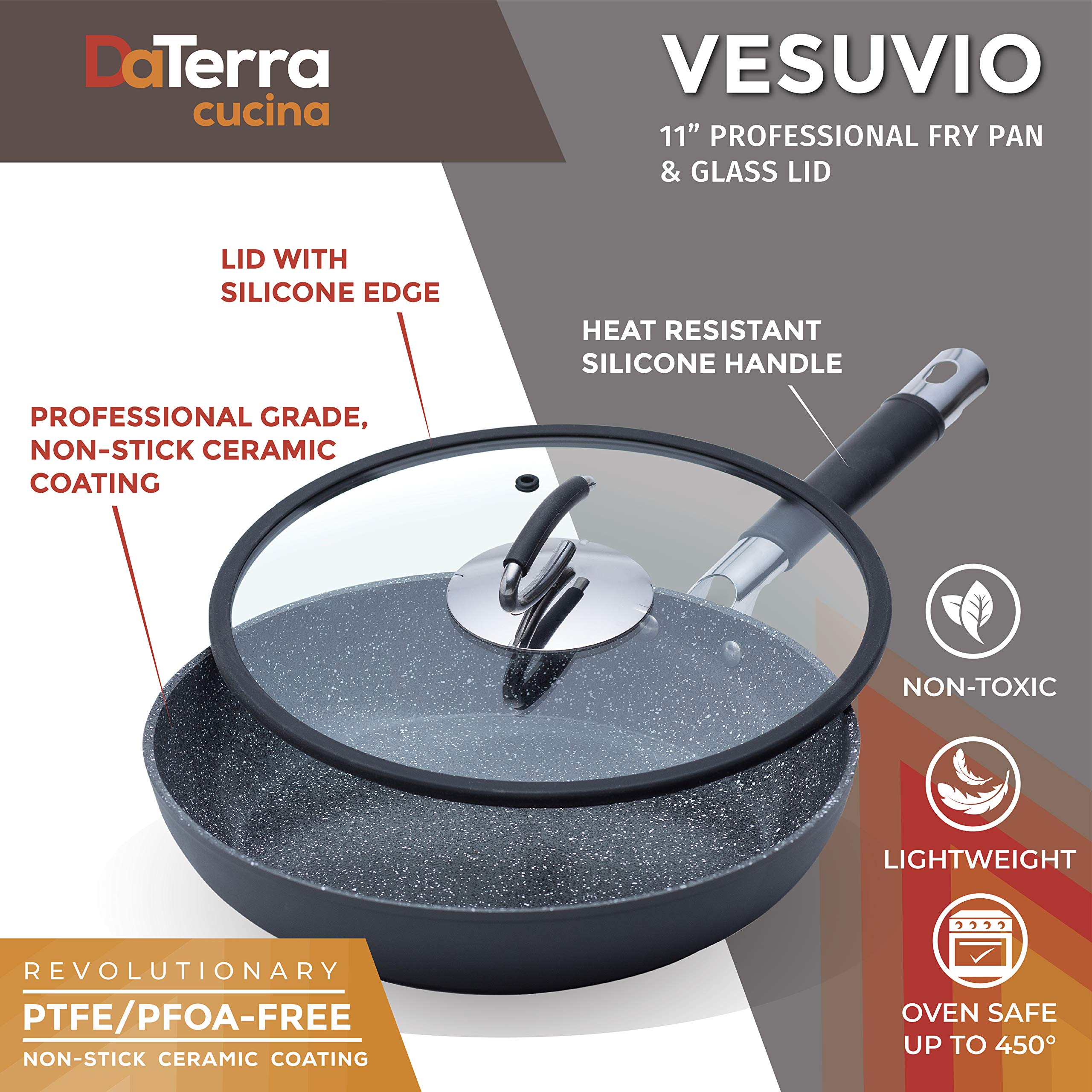 Daterra Cucina 11    Nonstick Frying Pan W/Lid | Made In Italy | Ptfe, Cadmium, Lead And Pfoa Free Proprietary Nontoxic Ceramic