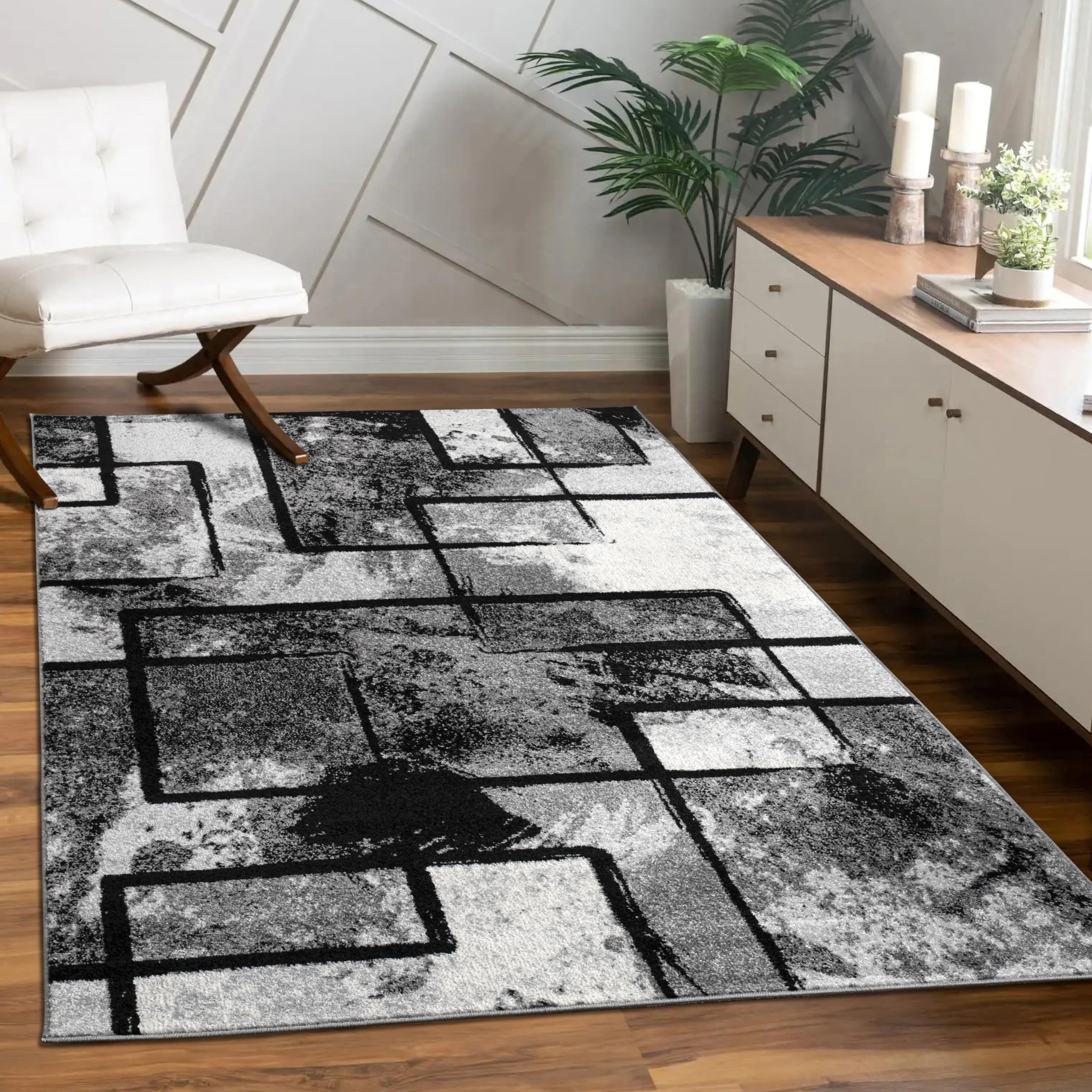 Area Rug Modern Abstract Paint Effect in Black Grey for Living-Room, Size: 311 x 57