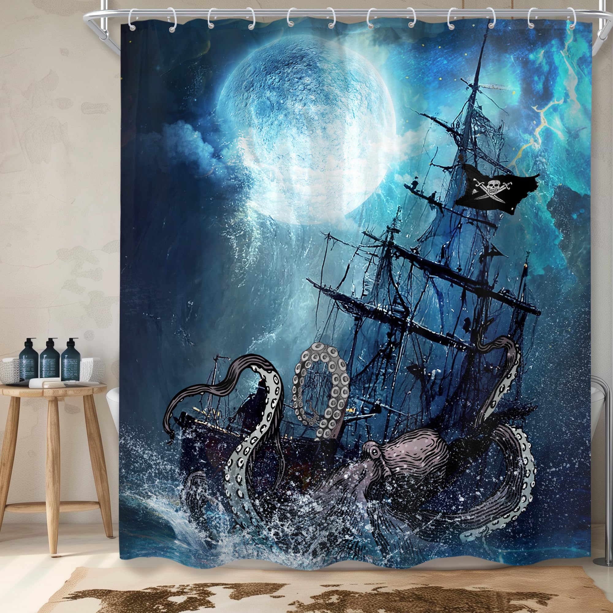 Cinbloo Navy Blue Octopus Beach Shower Curtain Nautical Kraken Anime Pirate Ship Kids Bathroom Curtain Set Sea Wave Sailboat Got