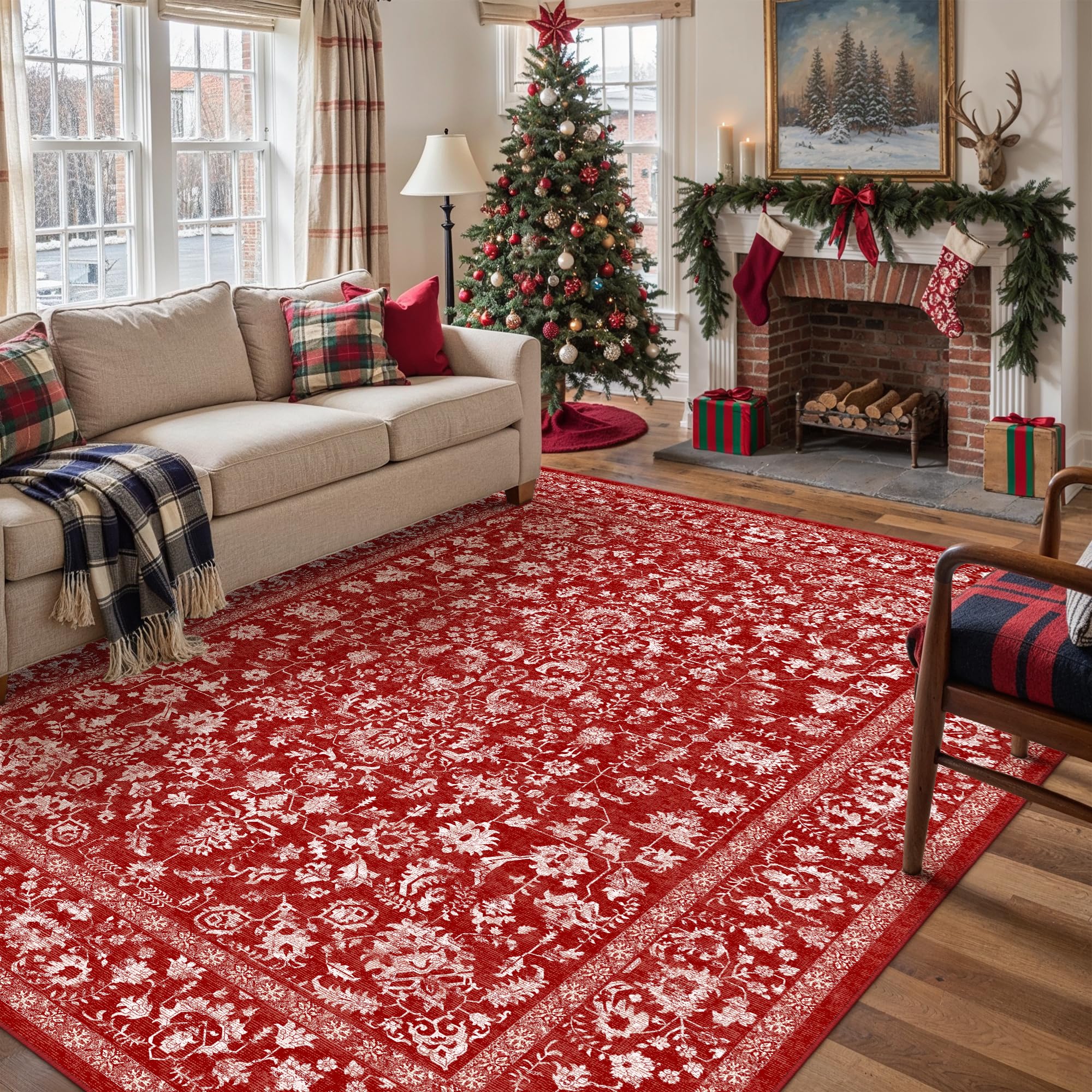 PureCozy Christmas Area Rug 8x10 Red Washable Living Room Carpet Vintage Floral Holiday Decor Indoor Bedroom Accent Rug Decorati