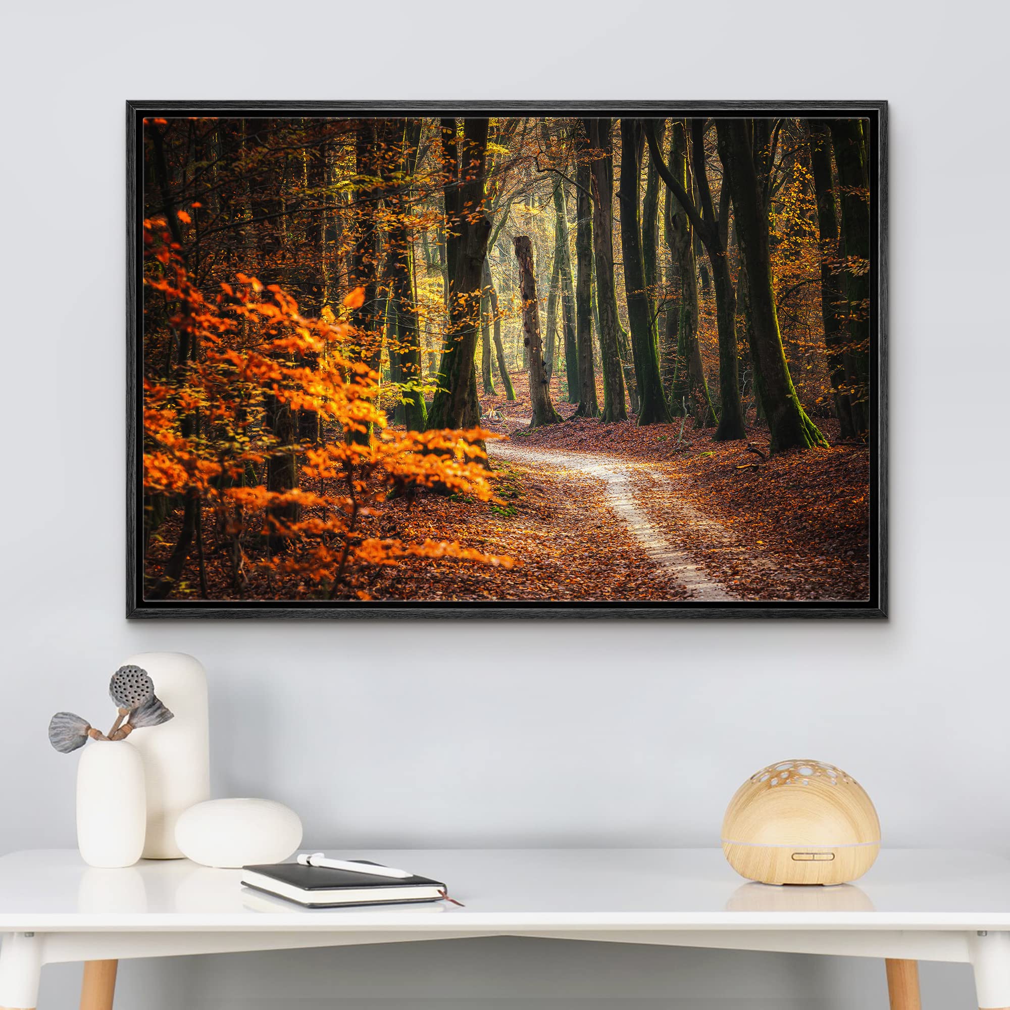 wall26 Framed Canvas Print Wall Art Autumn Fall Orange Leaf Forest Tree Trail Nature Wilderness Photography Realism Earth Scenery Scenic Landscape for Living Room  Bedroom  Office - 16''x24'' Black