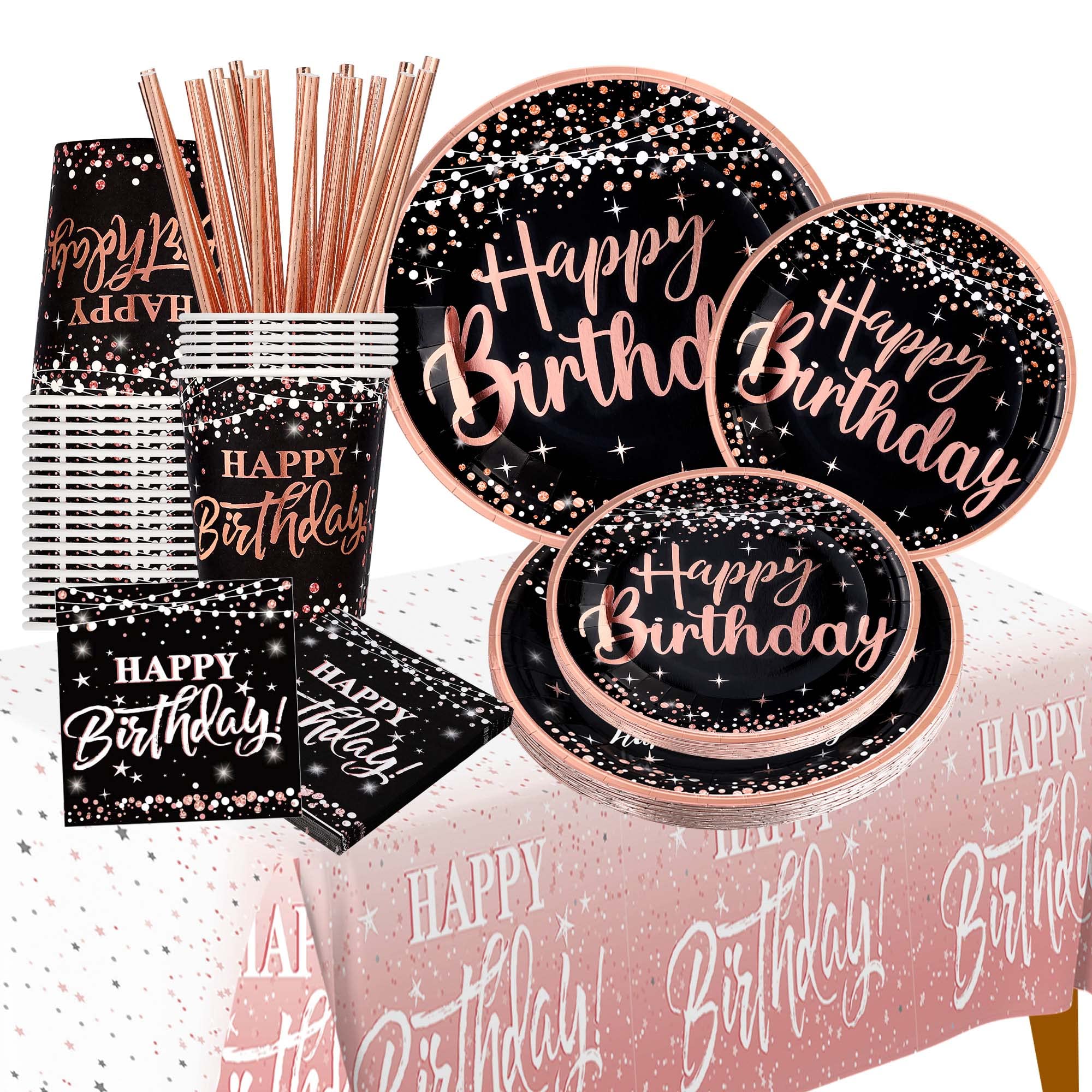 Happy Birthday Decorations Plates For Women - (Total 121Pcs) Rose Gold Plates And Napkins Party Supplies, Cups, Straws, Tableclo