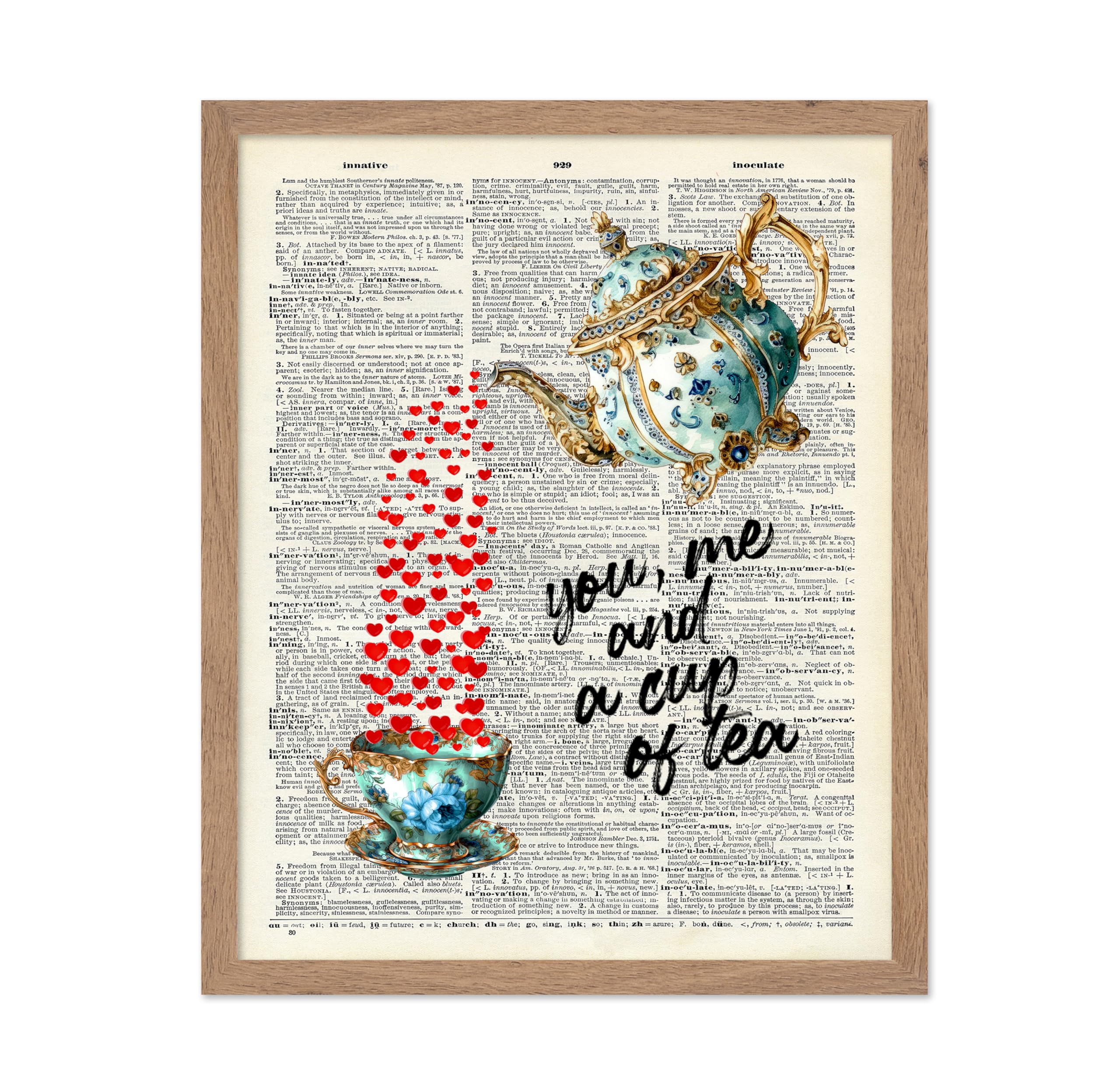 Poster Master Dictionary Art Poster - You Me and a Cup of Tea Print - Tea Pot Art - Red Hearts Art - Valentines Gift for Men, W