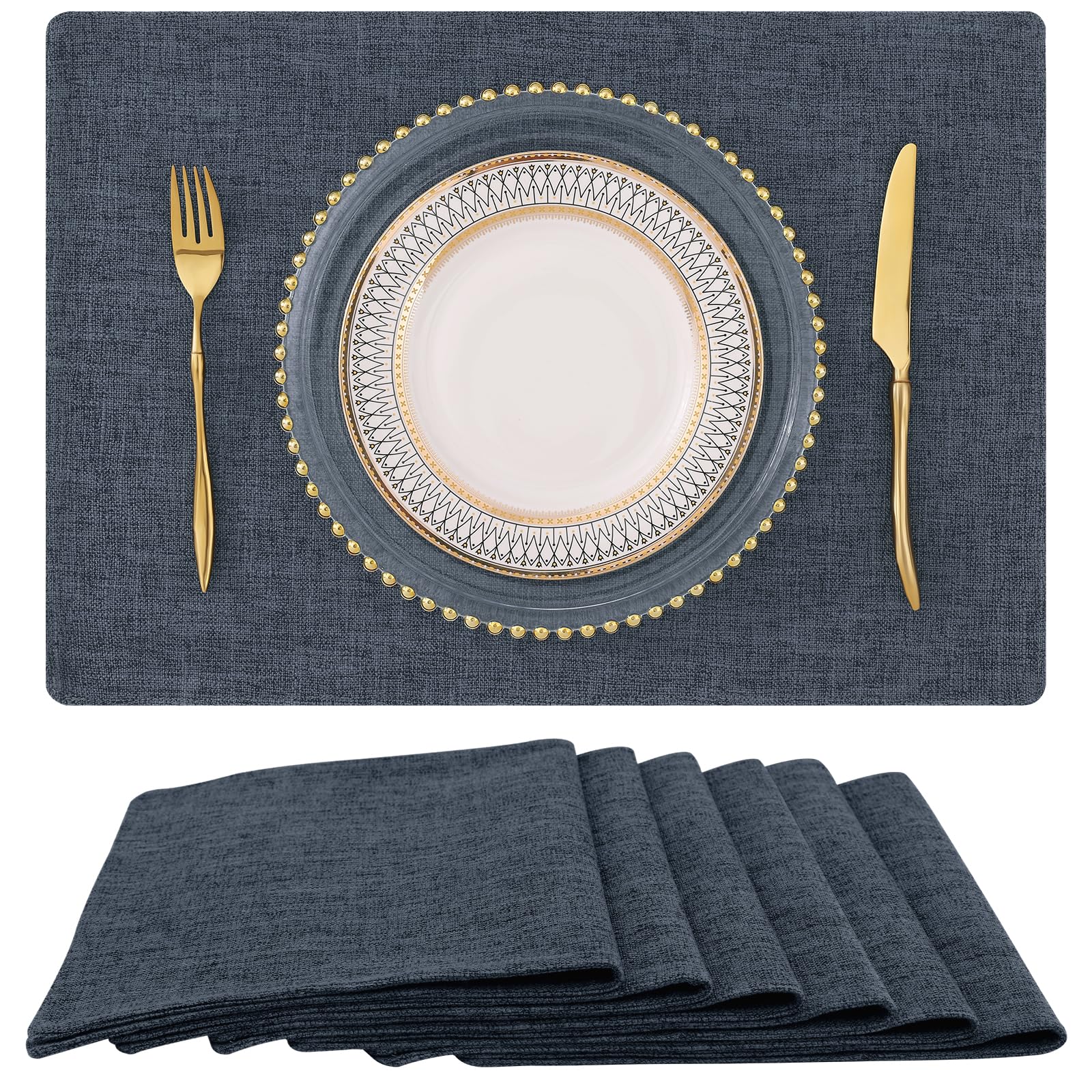 Homing Charcoal Cloth Placemats Set Of 6 - Cotton Linen Blend Washable Farmhouse Dining Table Mats For Indoors & Outdoors, Easy