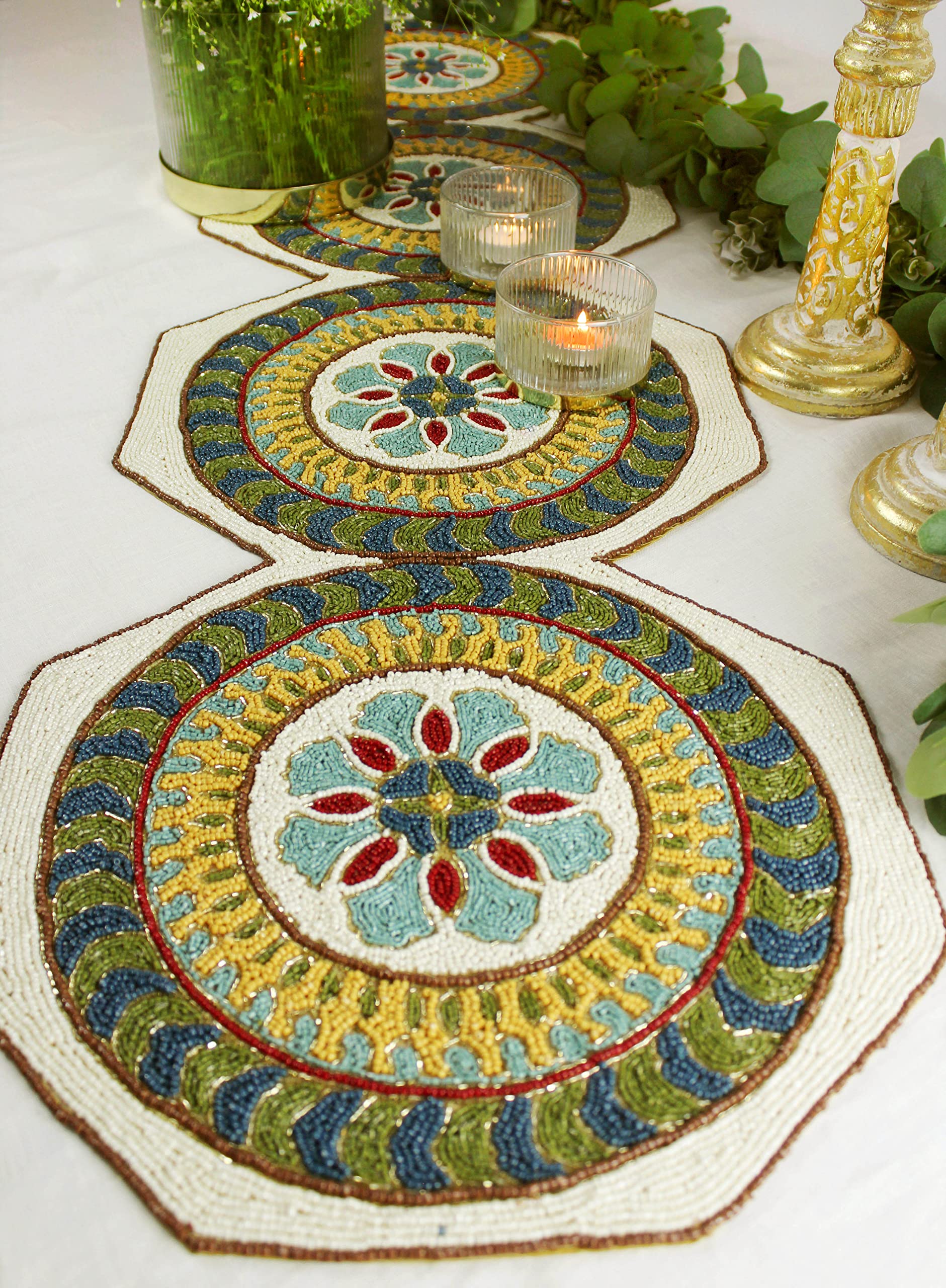 COTTON CRAFT Beaded Table Runner - Isabelle Moroccan Handmade Tablerunner - Halloween Harvest Fall Thanksgiving Holiday Christma