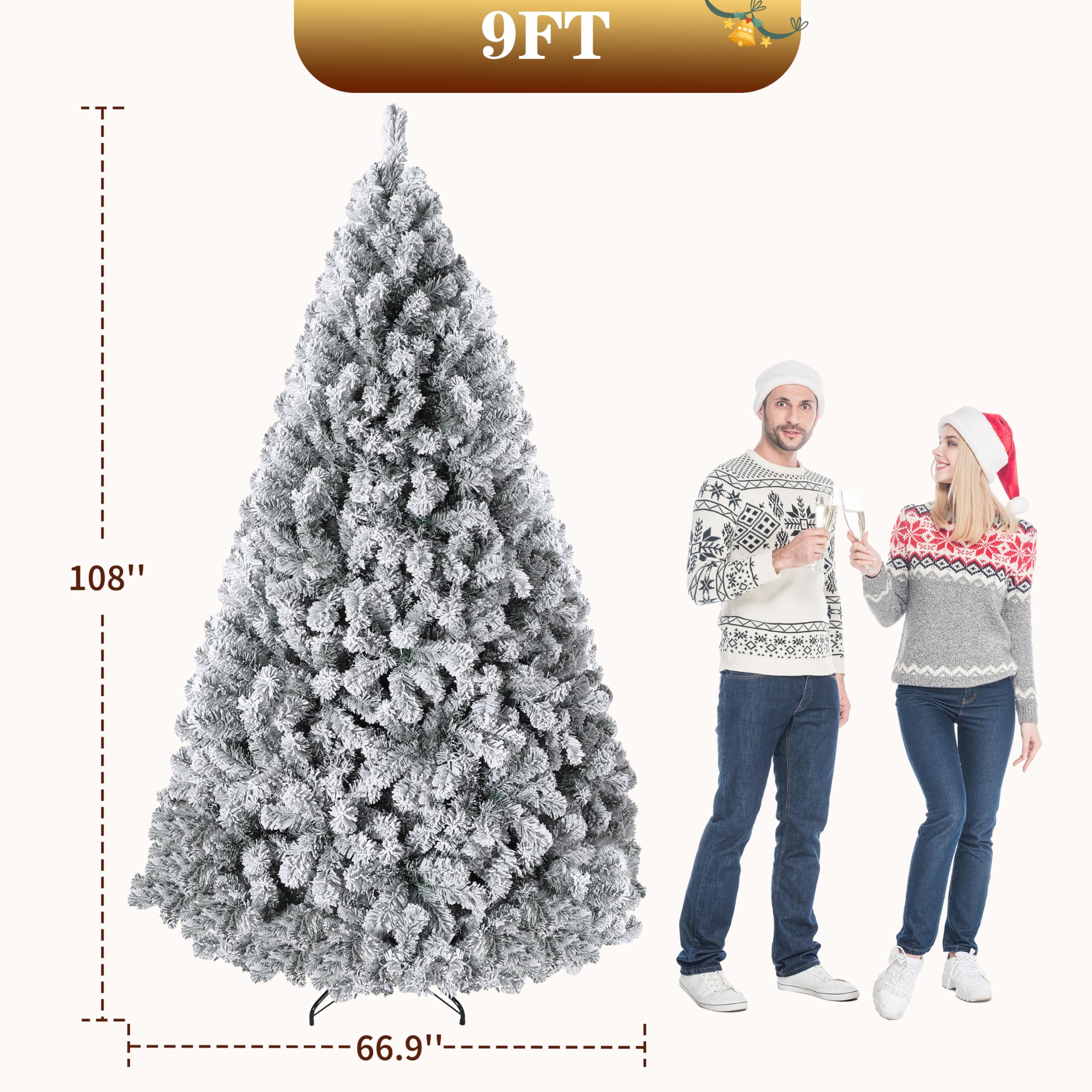 9FT Pre-Lit Snow Flocked Artificial Full Christmas Tree with Warm Lights, Artificial Christmas Tree Full Prelighted Xmas Tree wi