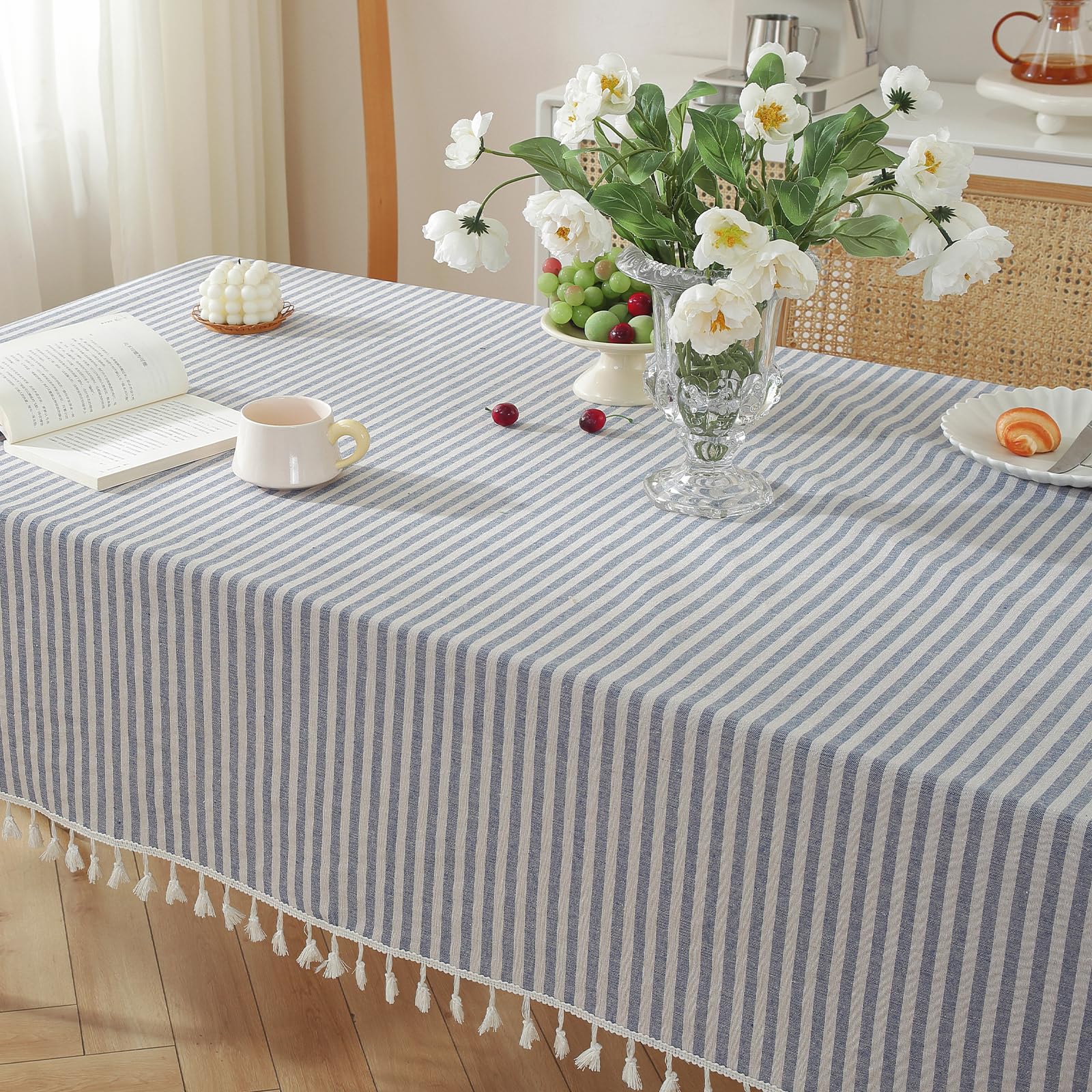 Meioro Table Cloth Blue White Striped Tablecloth With Tassels Cotton Linen Dust-Proof Table Cover For Dining Buffet Kitchen Picn