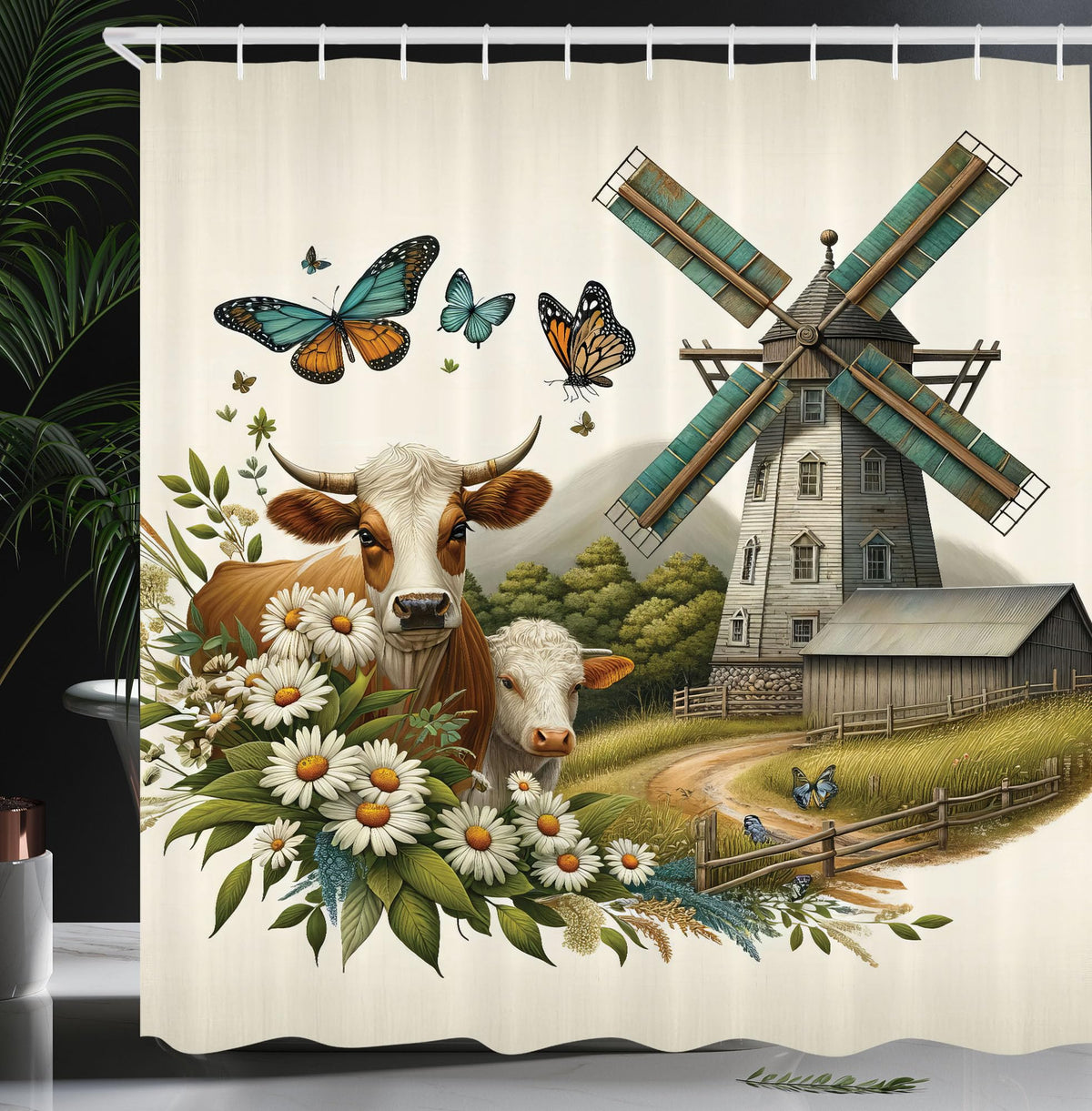 Ambesonne Farmhouse Shower Curtain, Windmill Barn Cottage Cows Butterflies And Daisies Countryside View, Cloth Fabric Bathroom D