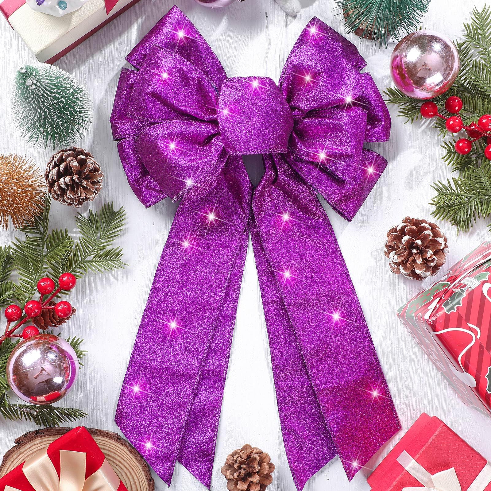 Giegxin 2 Pcs Large Purple Lighted Christmas Bows with Lights for Wreath and Tree Topper, 18x10 Inch Pre Lit Purple Wreath Bow L