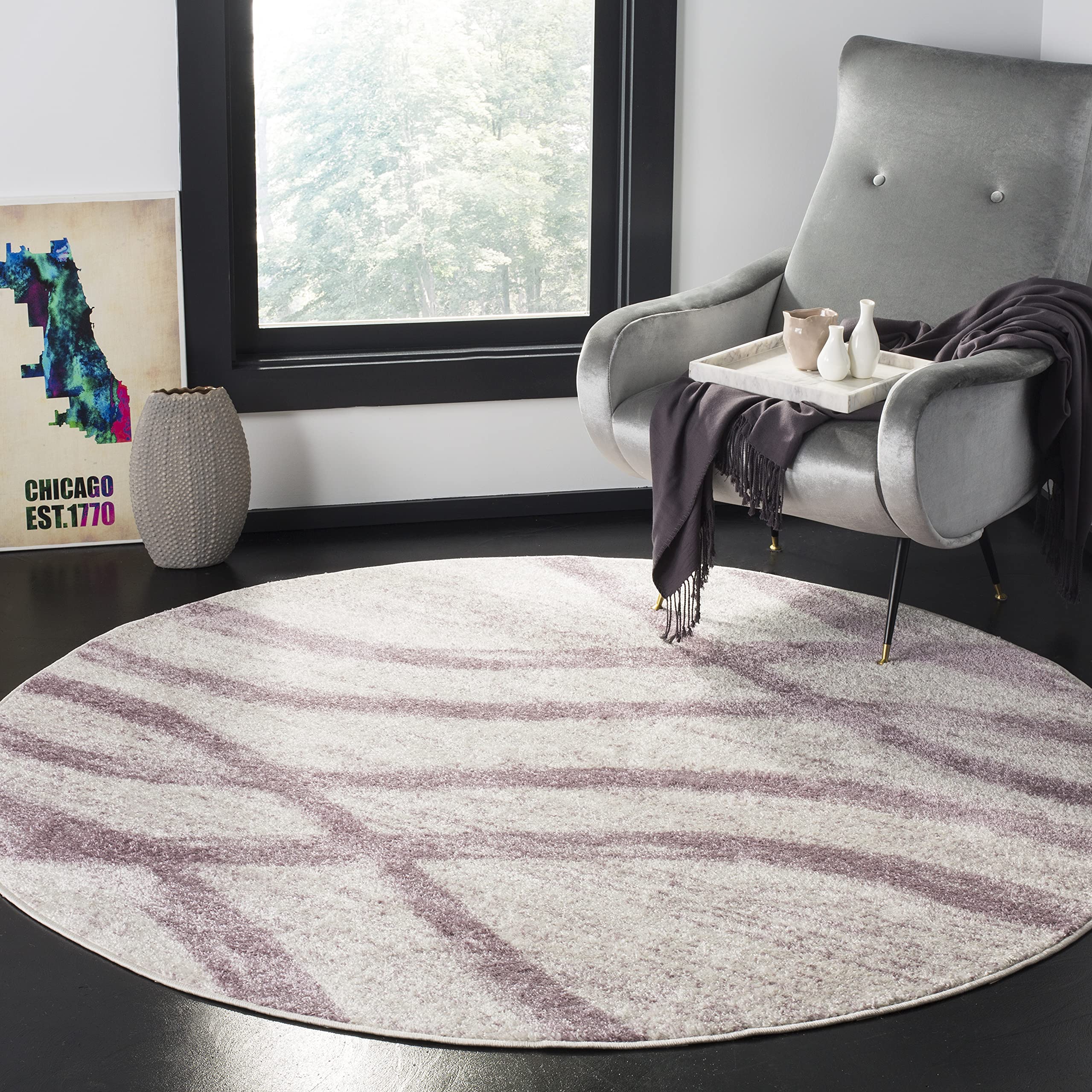 SAFAVIEH Adirondack Collection Area Rug - 4 Round, Cream & Purple, Modern Wave Distressed Design, Non-Shedding & Easy Care, Ide