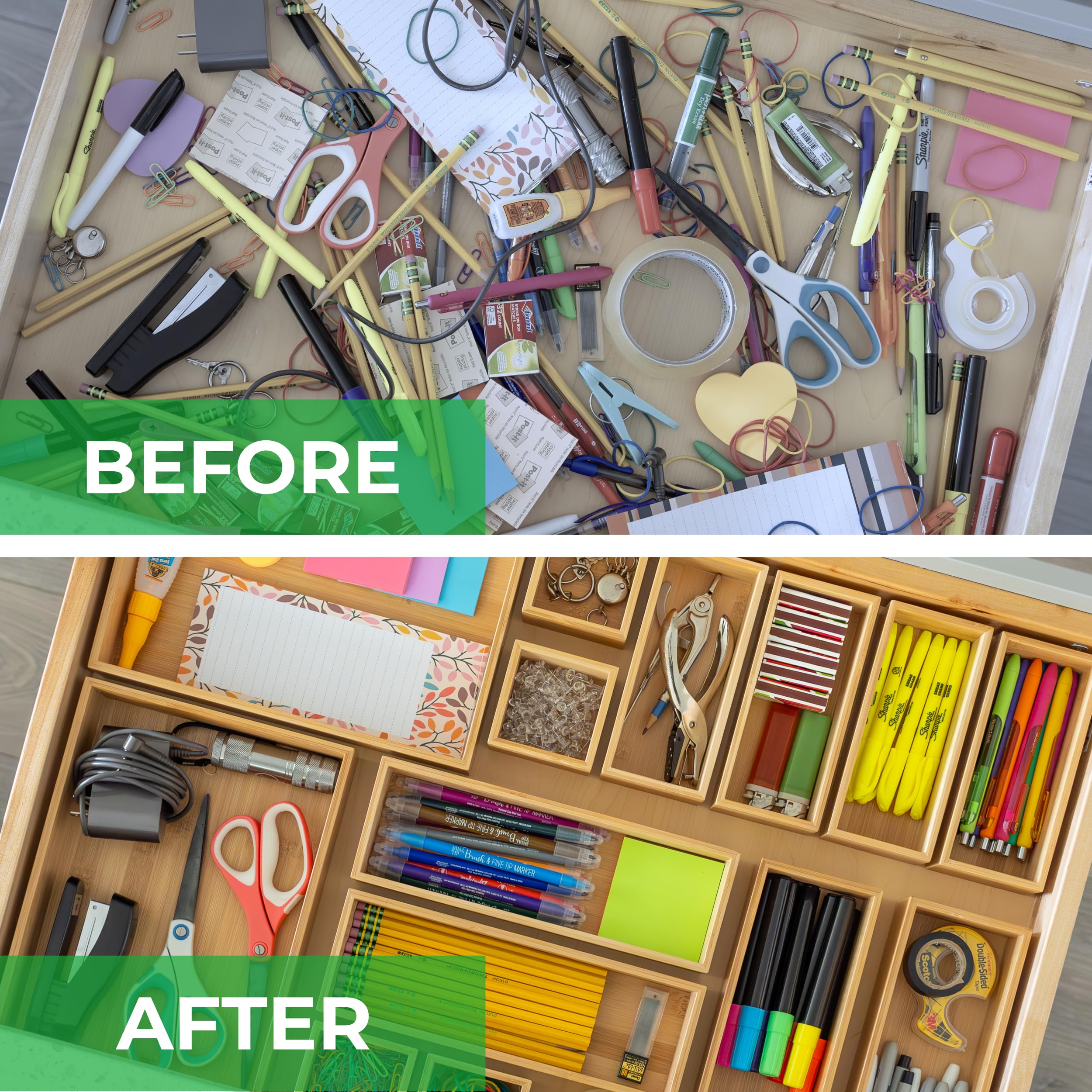 Grow Forward 14-Piece Bamboo Bathroom Drawer Organizer Trays - Wood Junk Drawer Organizers for Kitchen, Office, Vanity, Desk, Ni