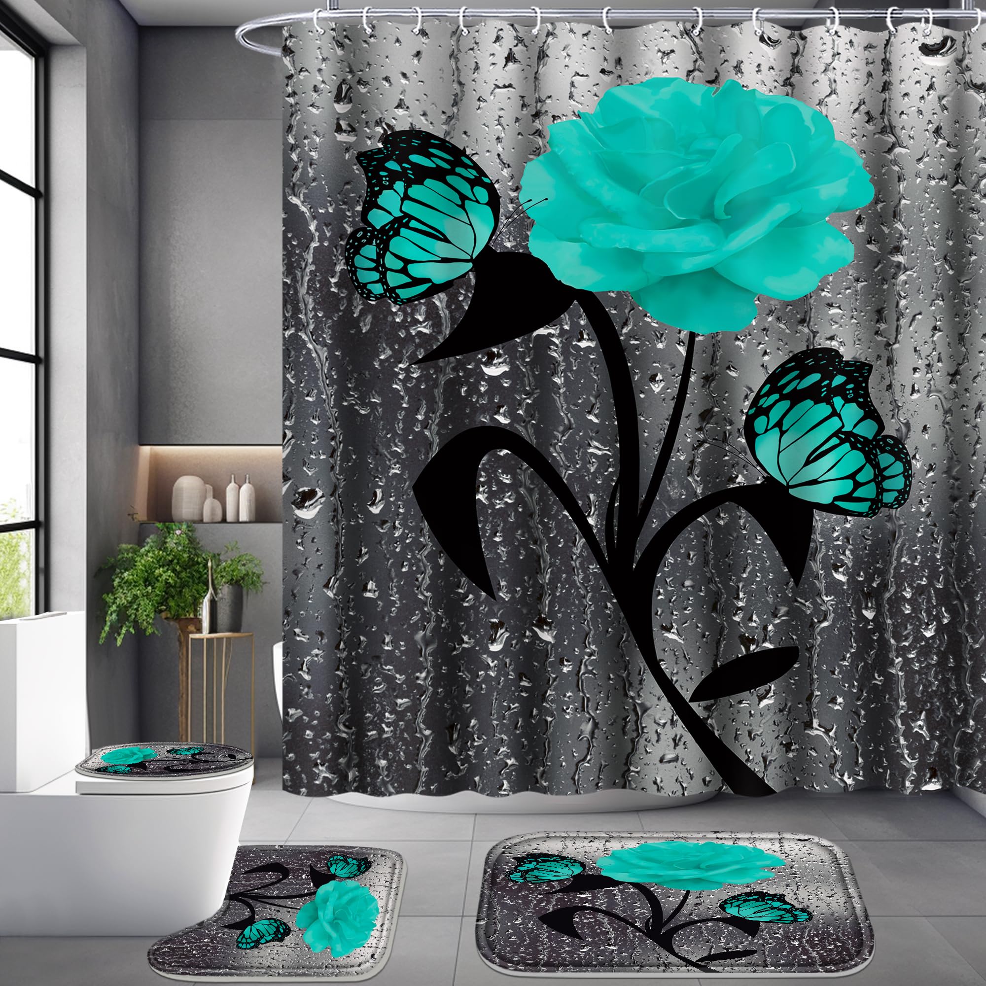 Poedist 4 Pcs Bathroom Set,Green Rose Shower Curtain Sets, Romantic Shower Curtain Sets With Rugs(Bath Mat,U Shape And Toilet Li