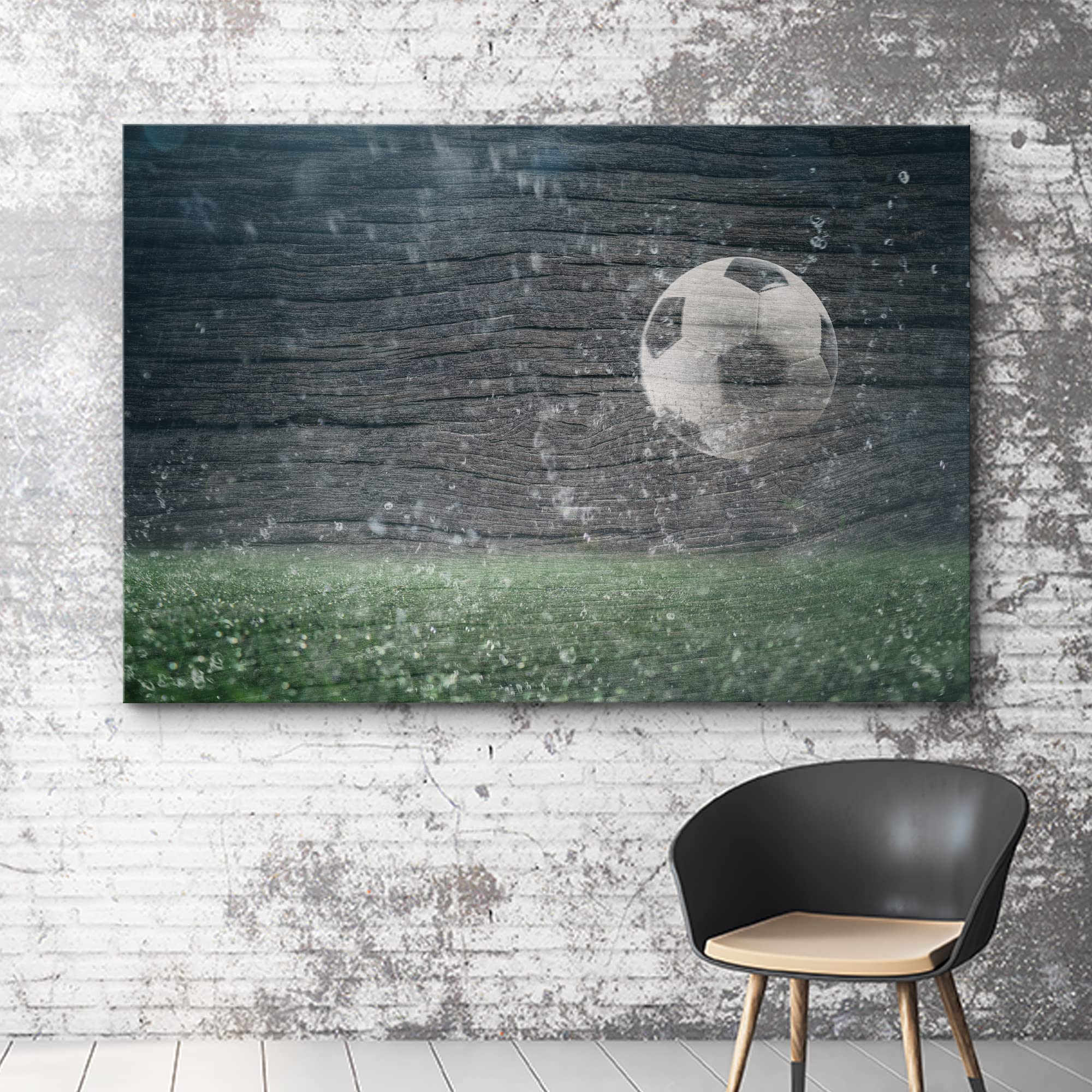 Wall26 Canvas Print Wall Art Wood Panel Effect Rainwater Soccer Ball Field Boys Room Decor Sports Fitness Photography Realism De