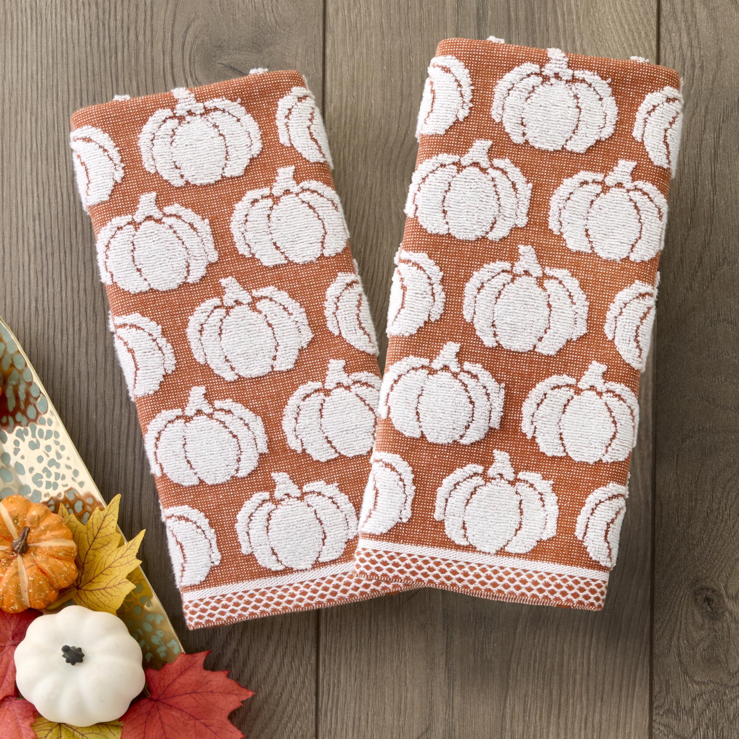 SKL Home Autumn/Fall/Thanksgiving Pumpkin Sculpted 100% Cotton Jacquard 2pc Hand Towel Set, Reversible, Soft & Absorbent, Decora
