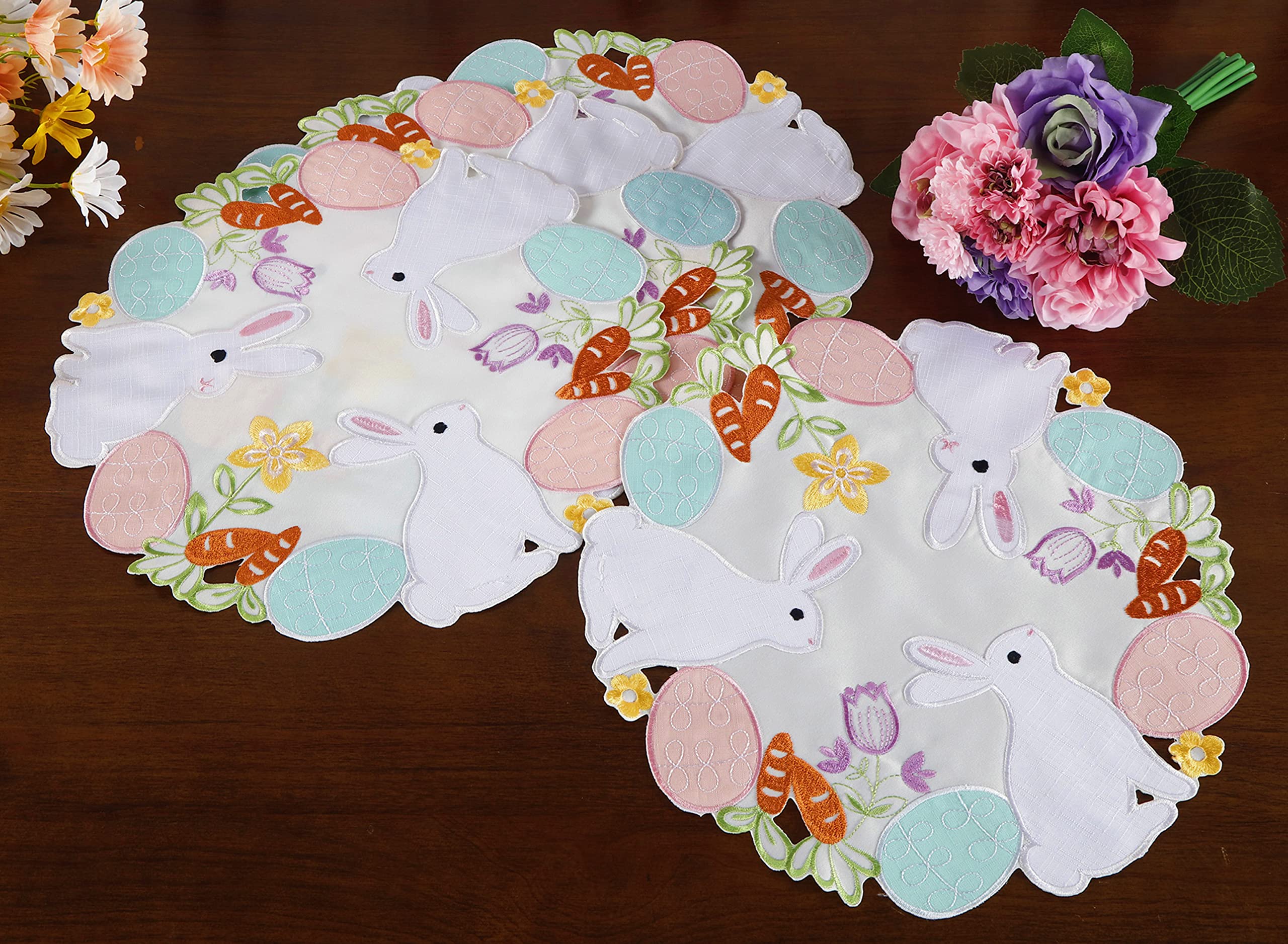 Easter Bunnys Placemats Set Of 4, Cutwork Embroidered Floral And Bunnys Dresser Scarf Table Topper,Home Kitchen Dining Tabletop