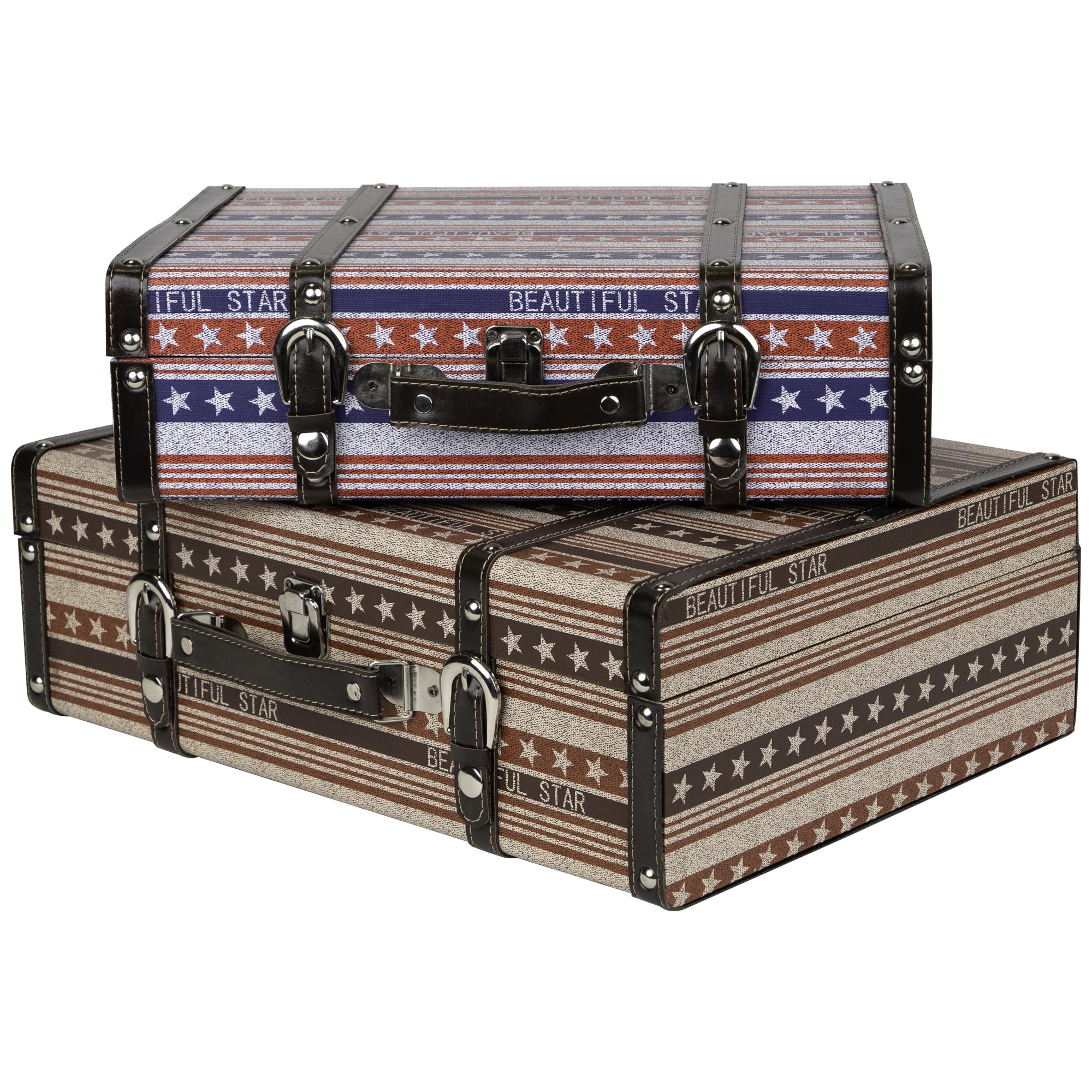 Northlight Vintage-Style Beautiful Star Decorative Luggage Trunks - 17.5 - Red White and Blue - Set of 2