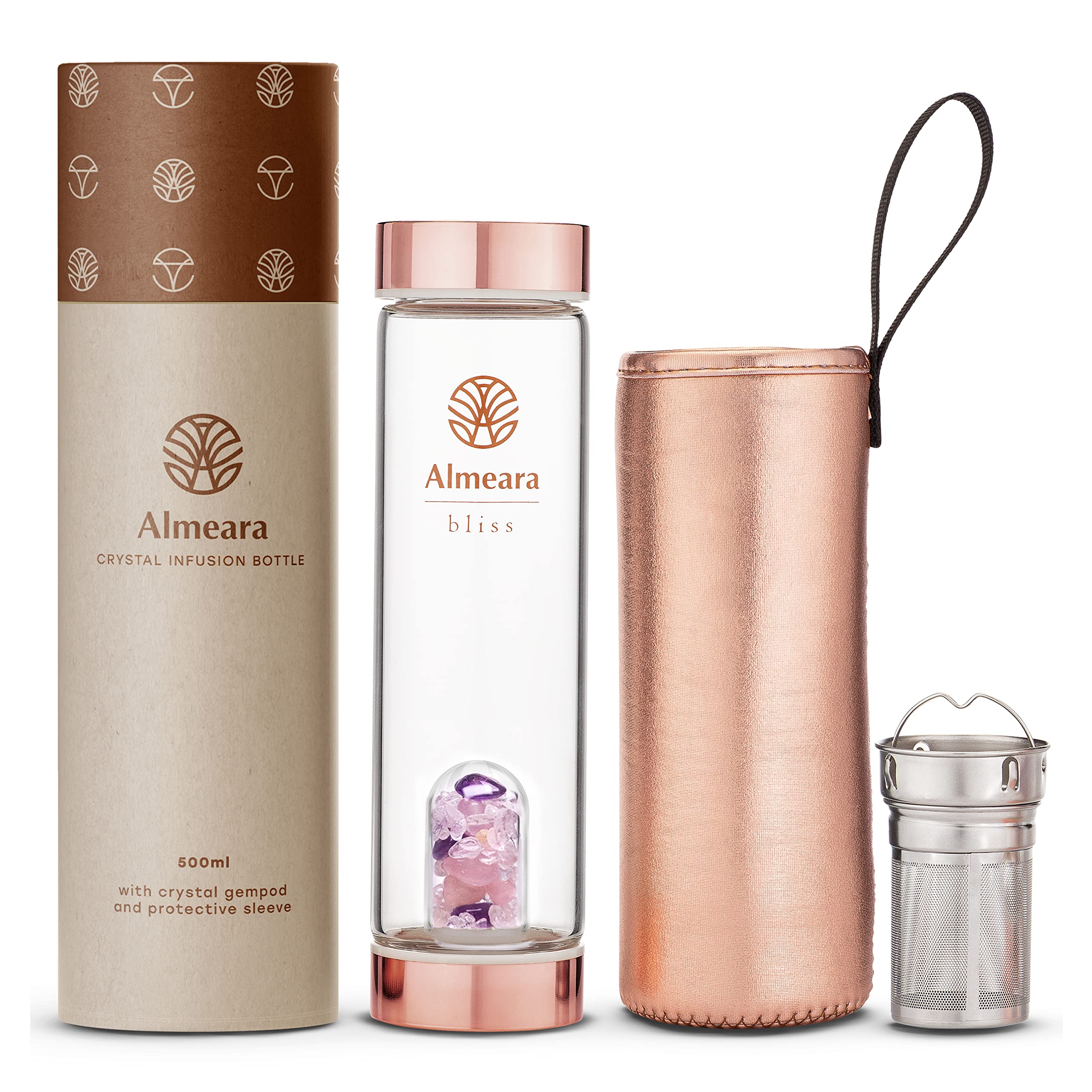Almeara Crystal Water Bottle | Amethyst, Rose Quartz & Clear Quartz Crystals | Authentic Gemstones - Loose Leaf Tea Infuser - Ge